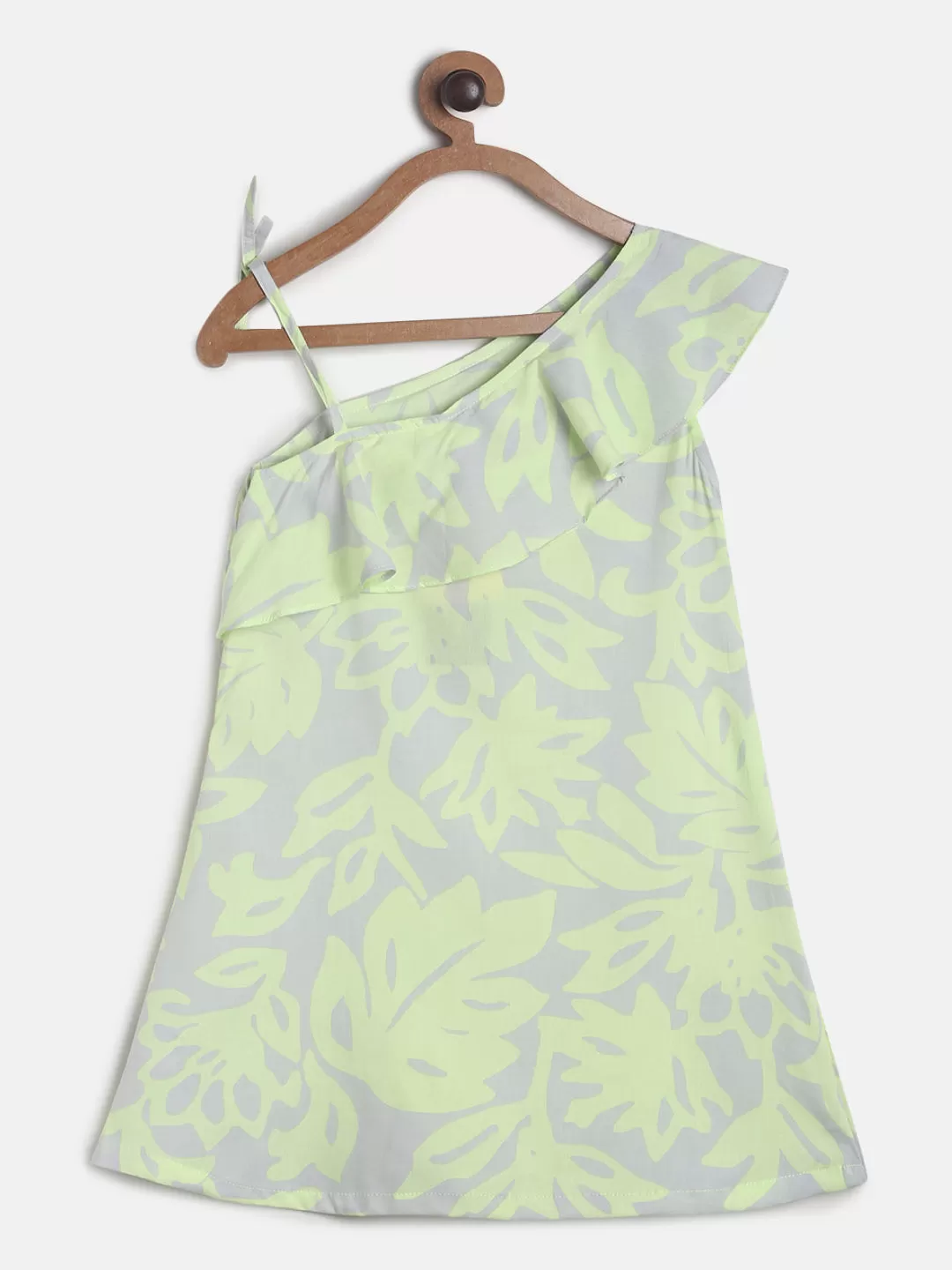 Girls Neon Green Printed Single Shoulder Top