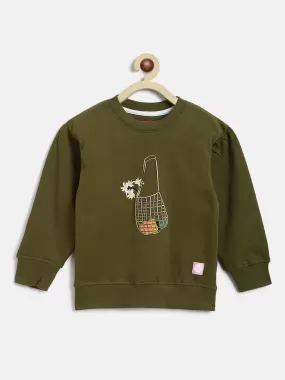 Girls Olive Poly-Cotton HD Printed Sweatshirt