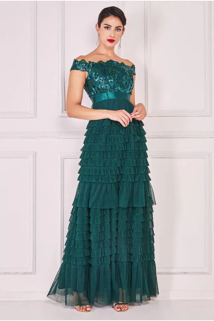 Goddiva Scallop Bardot Ruffle Mesh Maxi