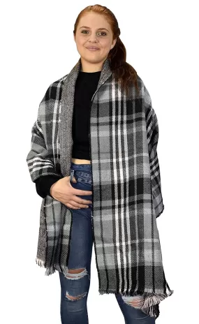 Grey Black Reversible Oversized Plaid Tartan Herringbone Blanket Scarf