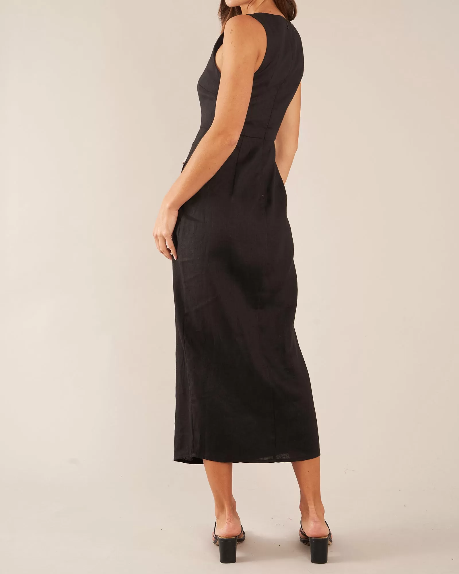 Imari Linen Midi Dress - Black