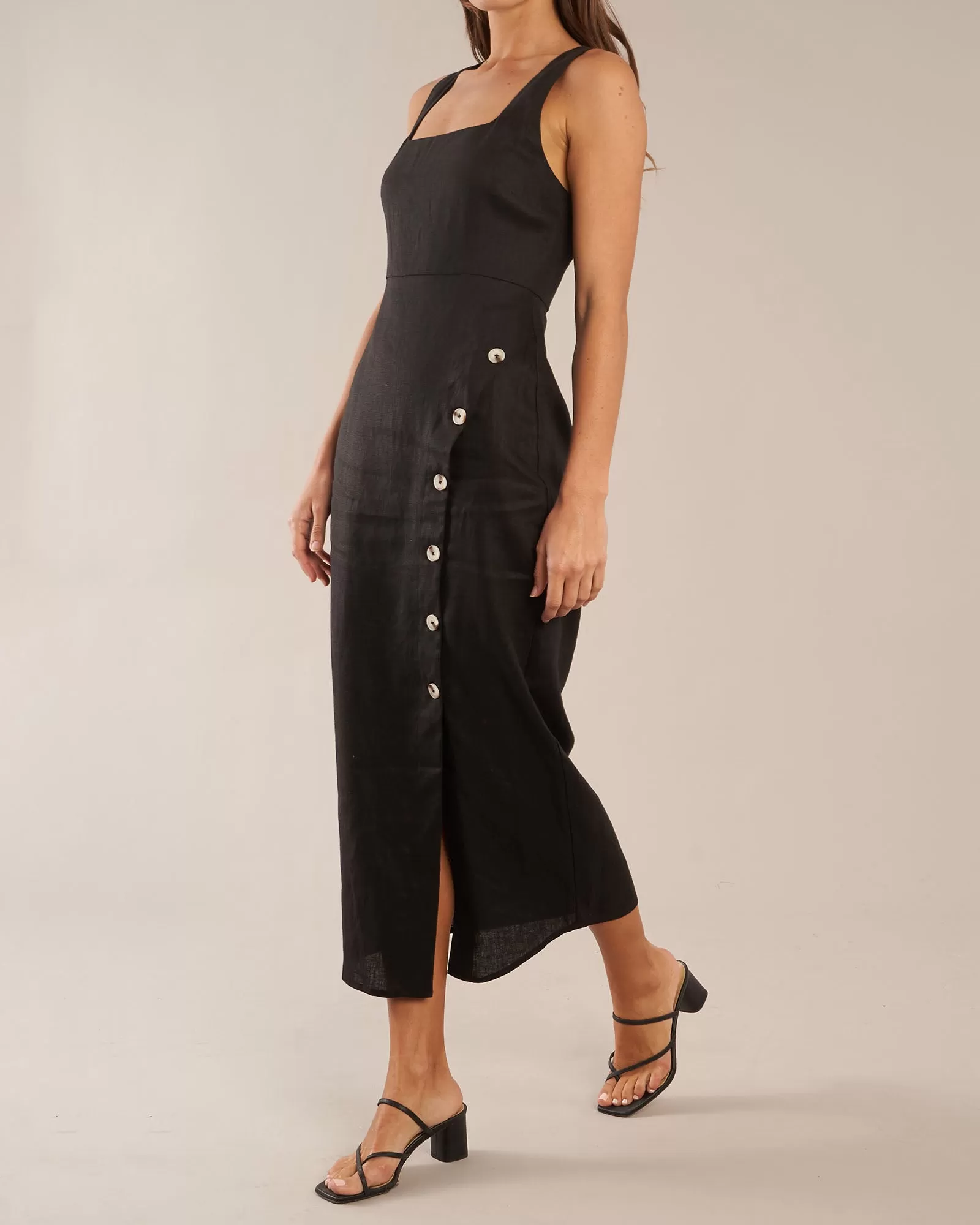 Imari Linen Midi Dress - Black