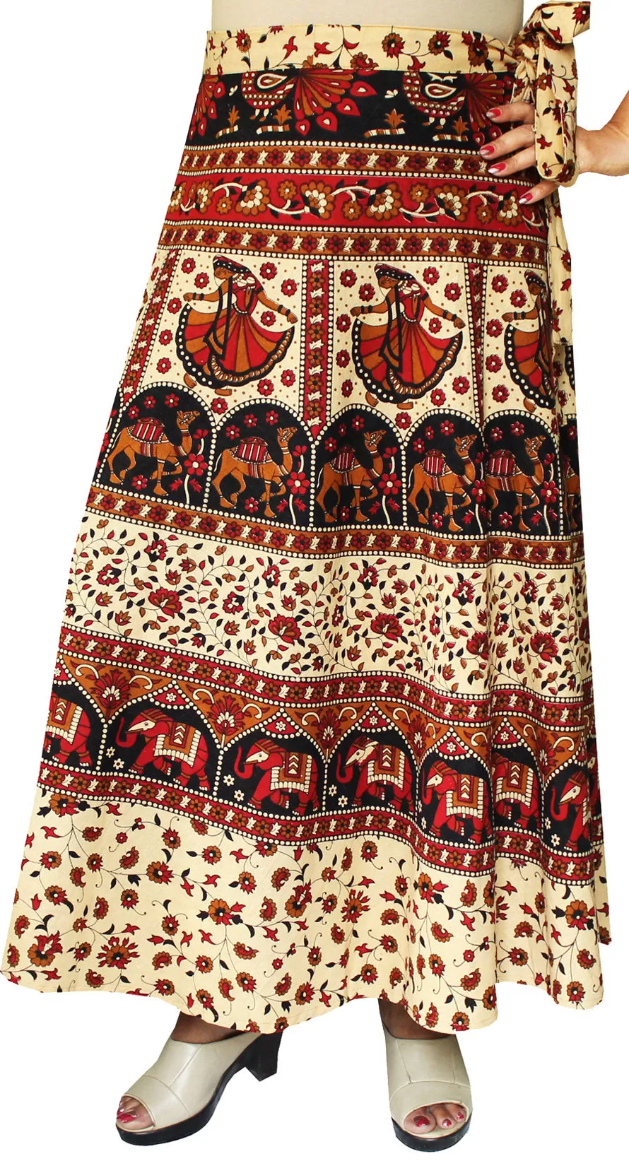 Indian Skirt Women's Cotton Printed Long Wrap Around Skirt (Maroon, One Size)