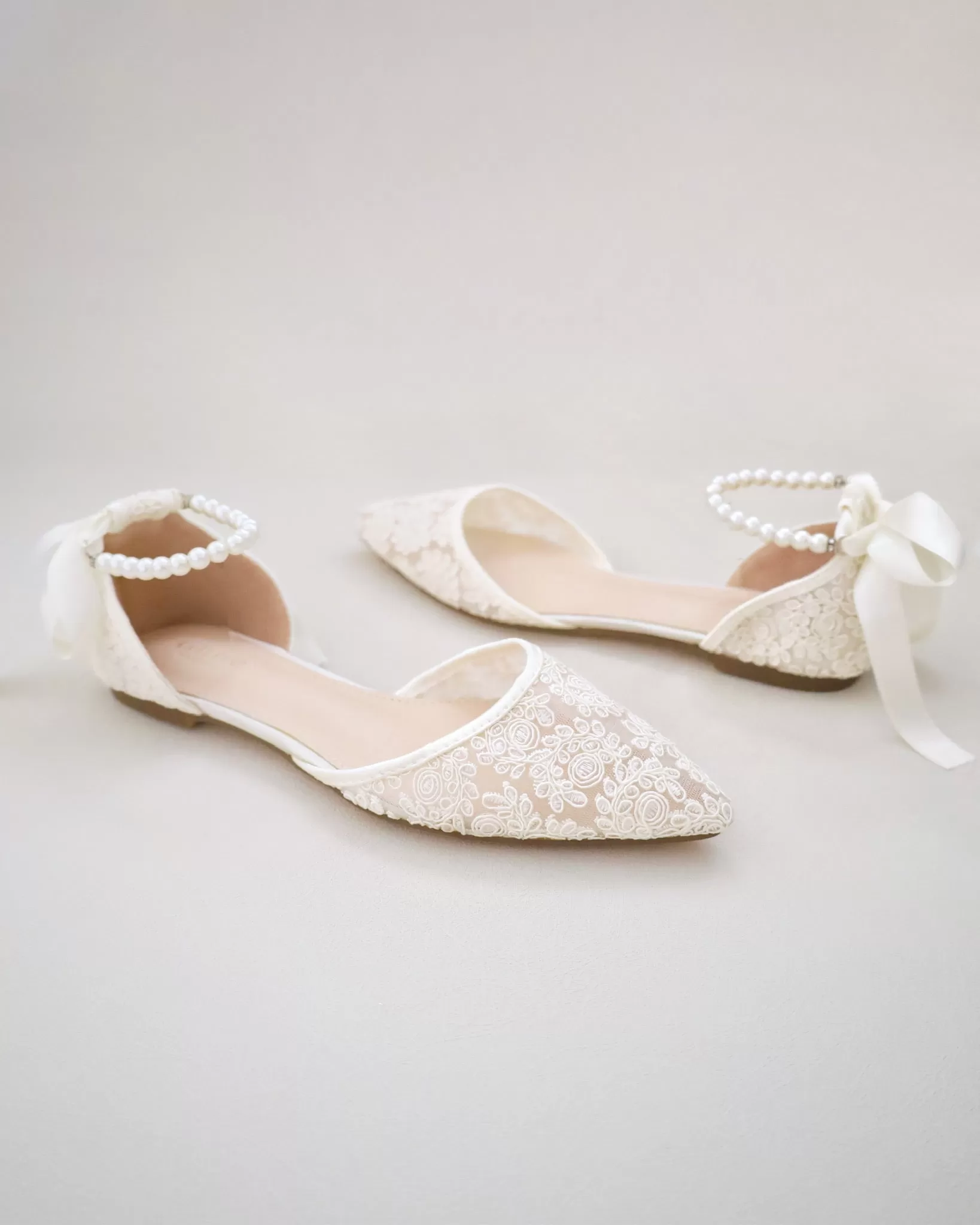 Ivory Crochet Lace Pointy Toe with Pearls Ankle Strap