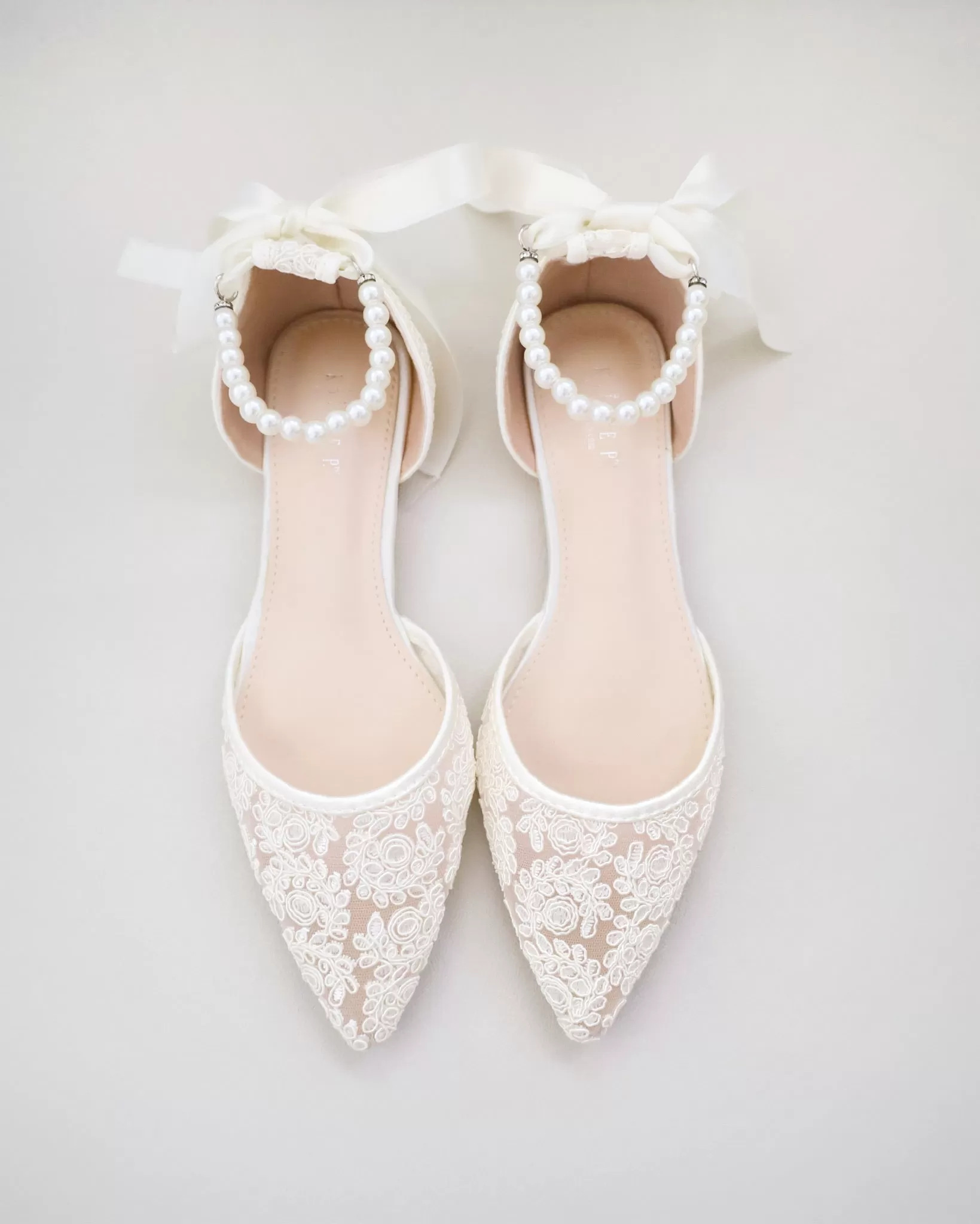 Ivory Crochet Lace Pointy Toe with Pearls Ankle Strap