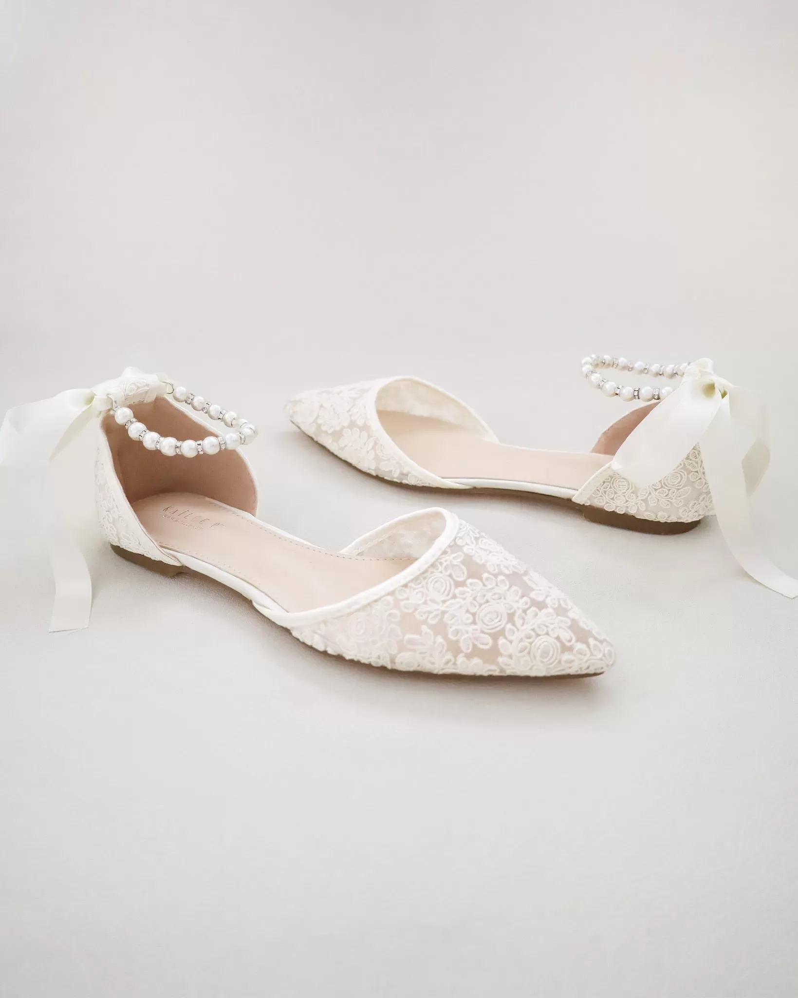 Ivory Crochet Lace Pointy Toe with Pearls Ankle Strap