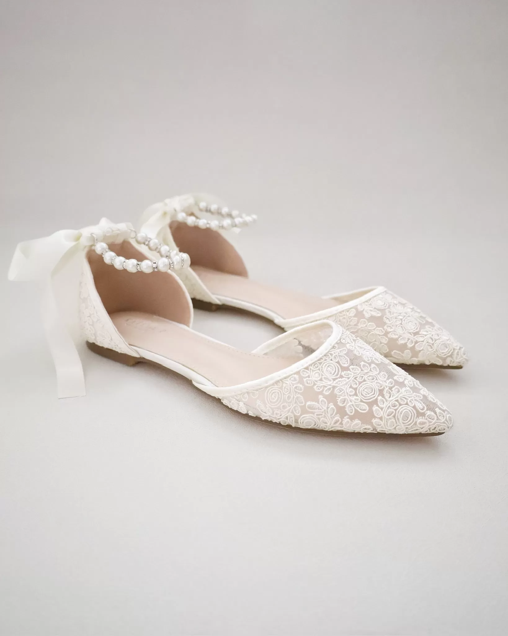 Ivory Crochet Lace Pointy Toe with Pearls Ankle Strap