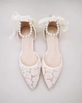 Ivory Crochet Lace Pointy Toe with Pearls Ankle Strap