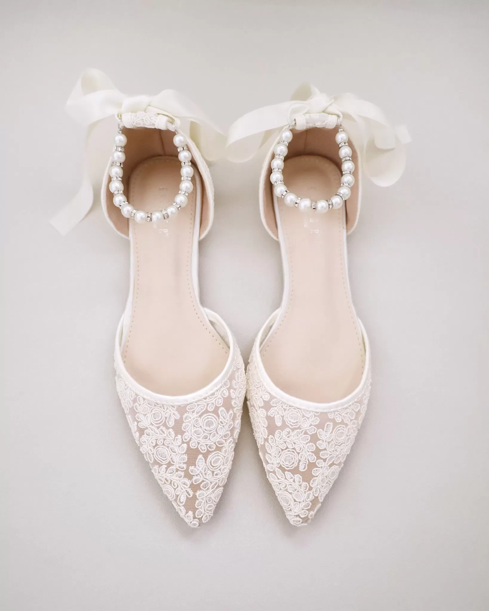 Ivory Crochet Lace Pointy Toe with Pearls Ankle Strap