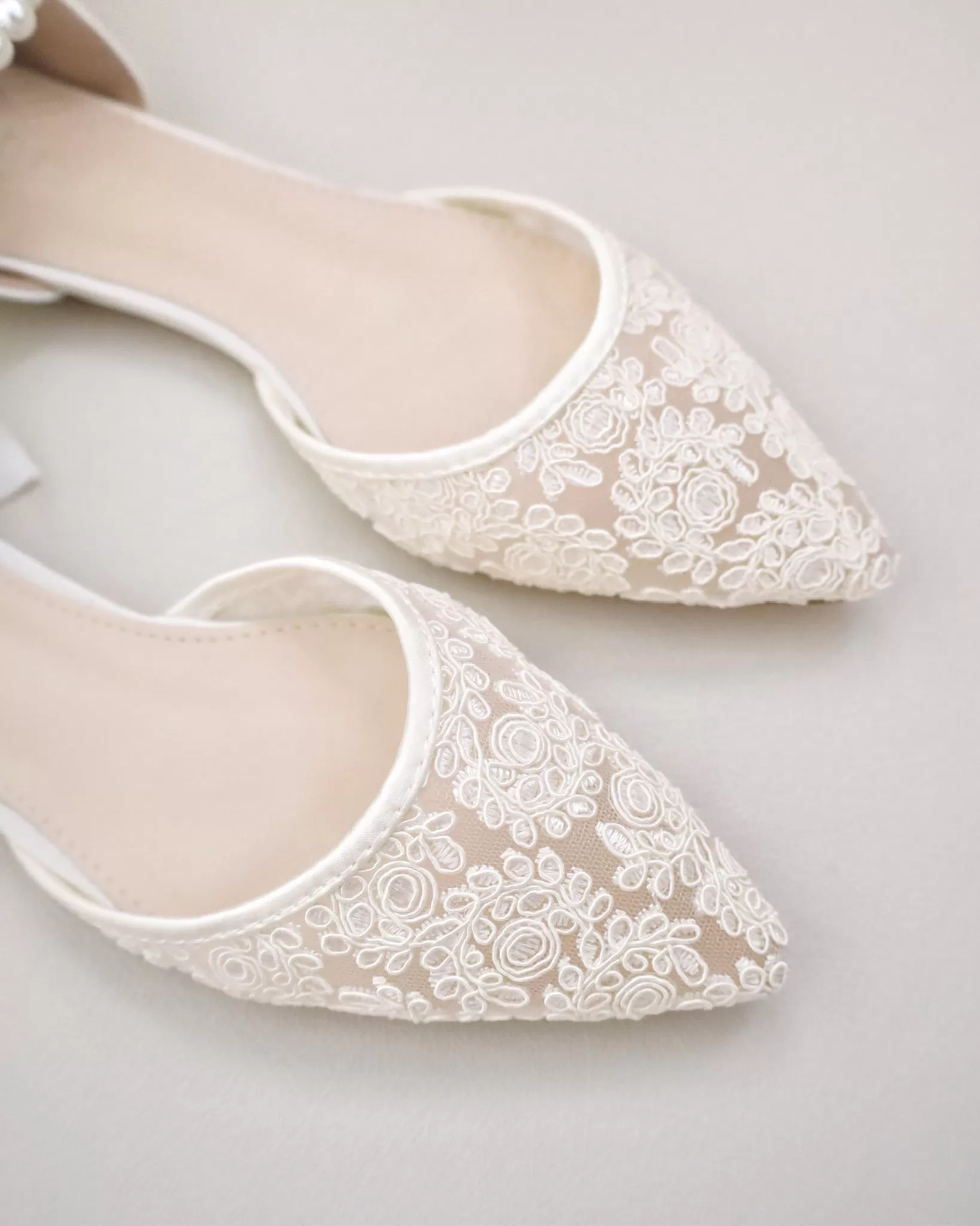 Ivory Crochet Lace Pointy Toe with Pearls Ankle Strap