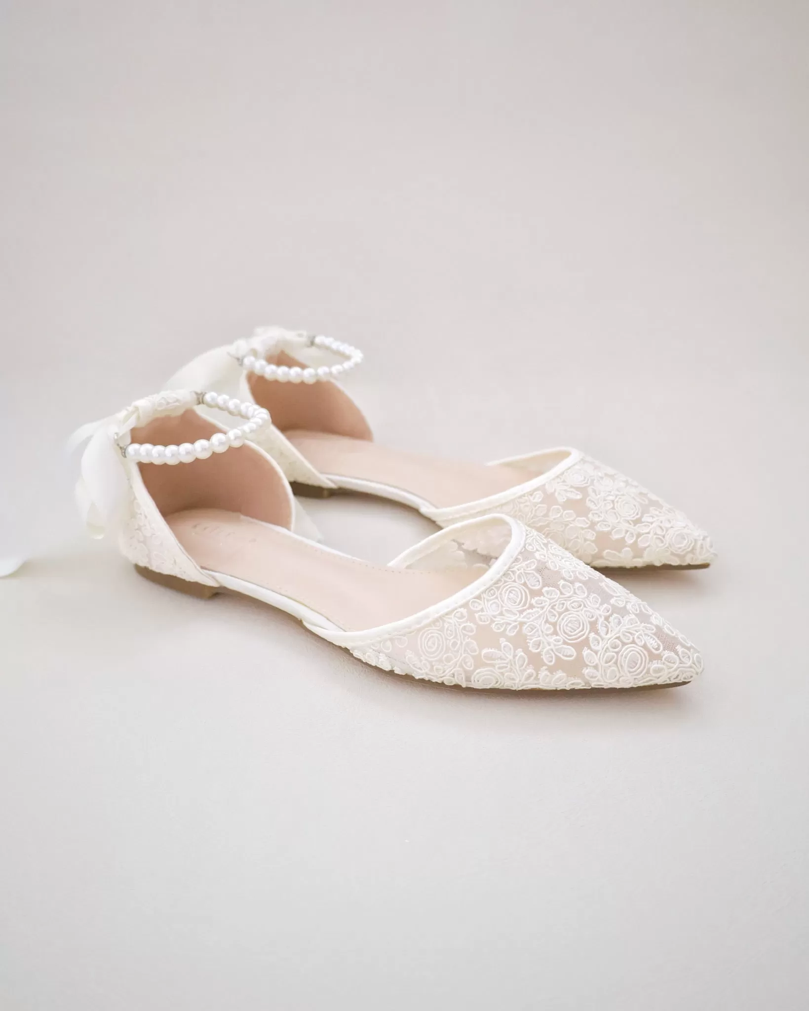 Ivory Crochet Lace Pointy Toe with Pearls Ankle Strap