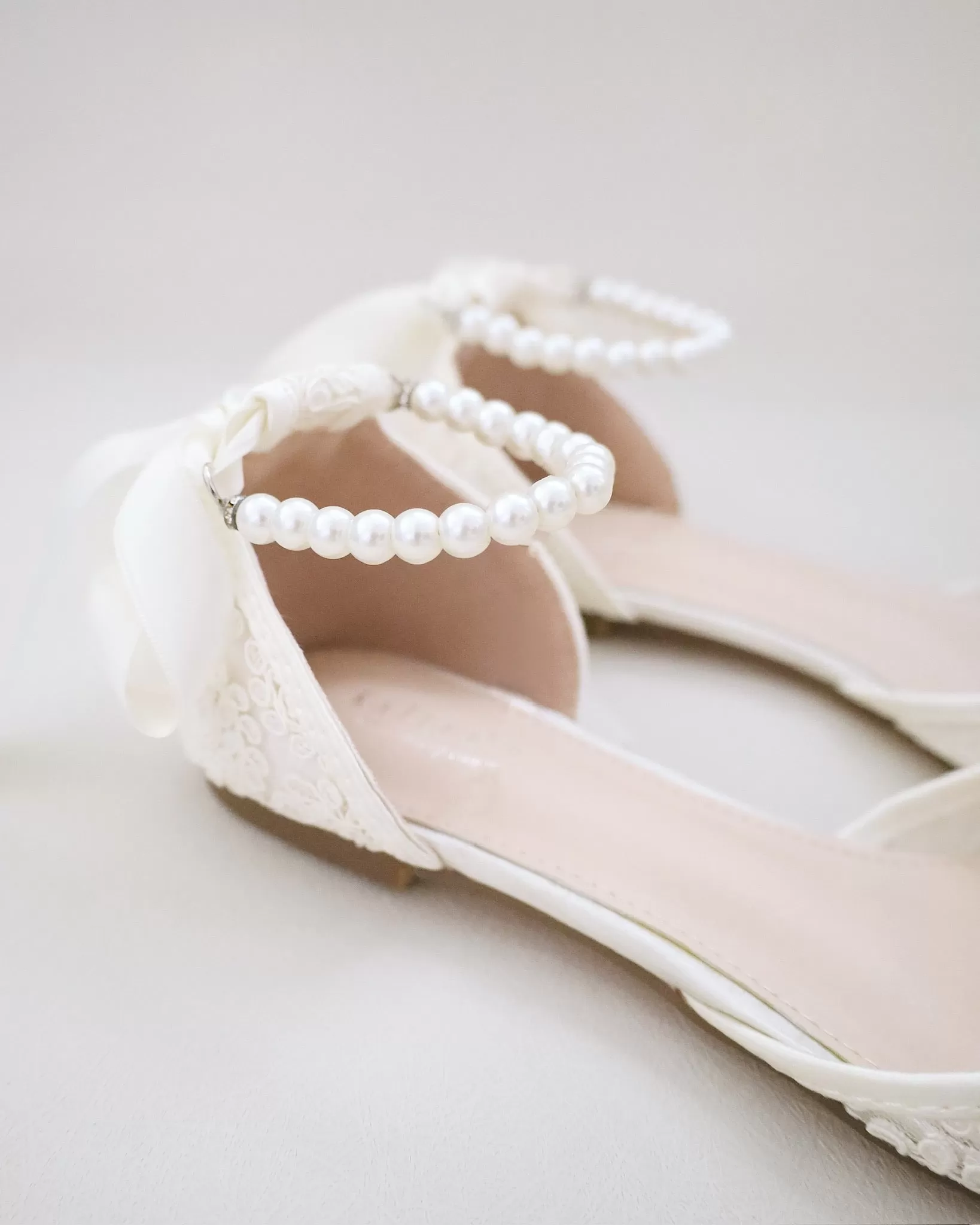 Ivory Crochet Lace Pointy Toe with Pearls Ankle Strap