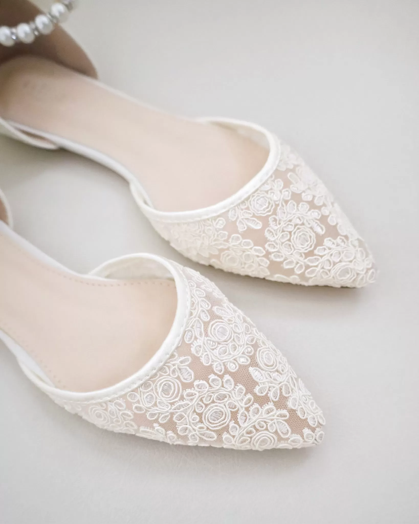 Ivory Crochet Lace Pointy Toe with Pearls Ankle Strap