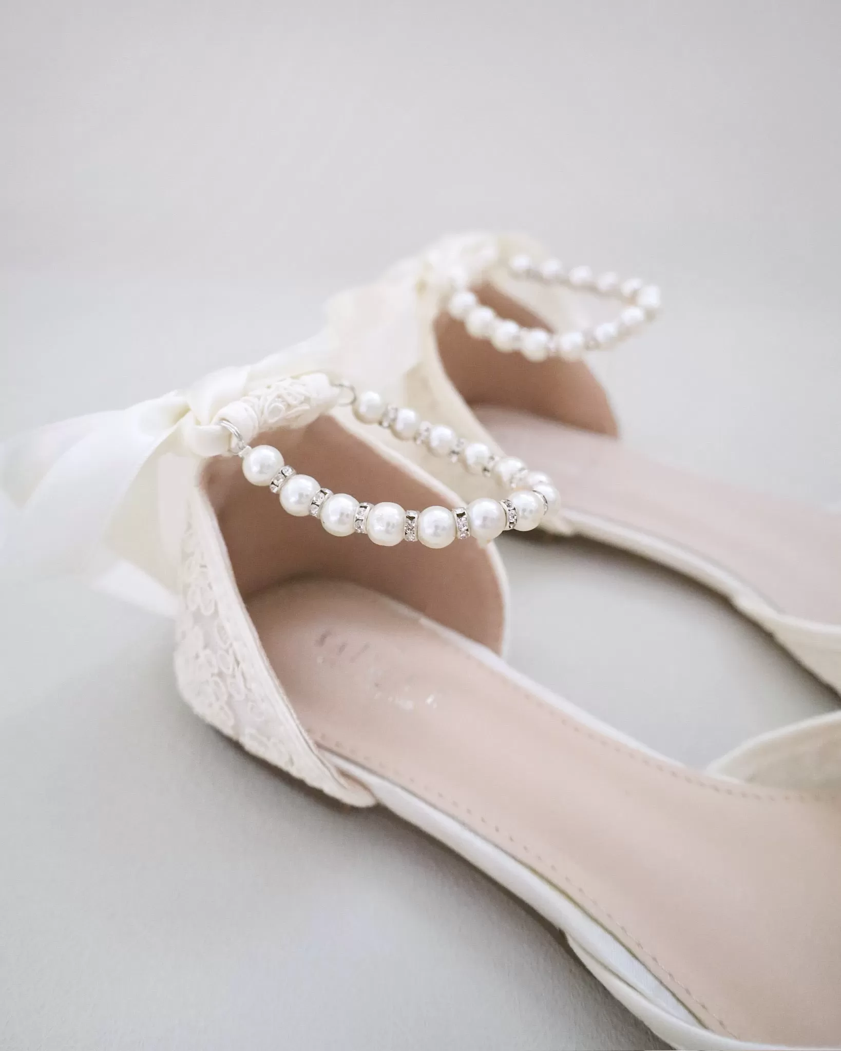 Ivory Crochet Lace Pointy Toe with Pearls Ankle Strap