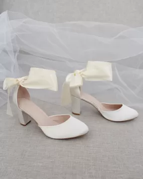 Ivory Satin Block Heel with Wrapped Ankle Tie