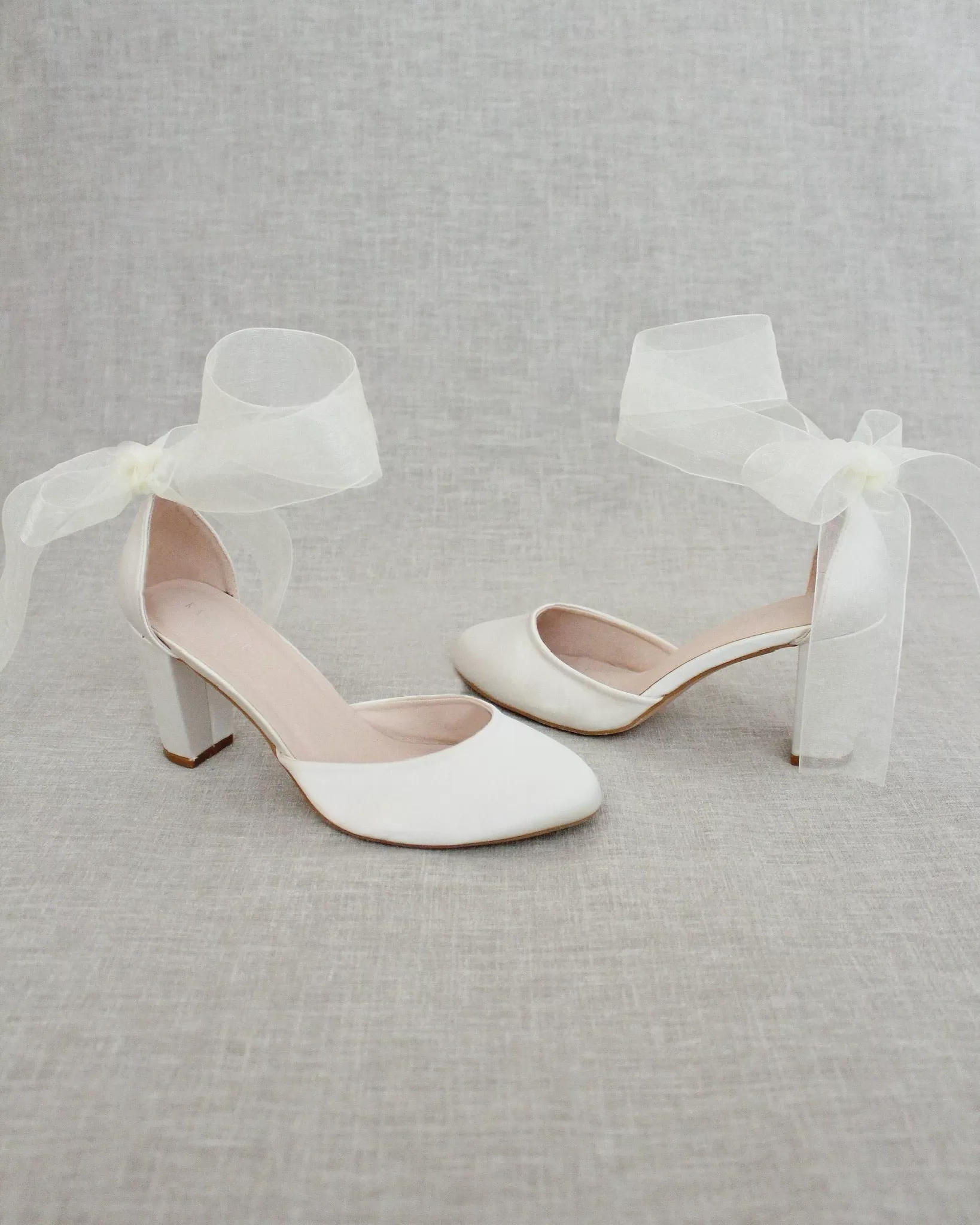 Ivory Satin Block Heel with Wrapped Ankle Tie