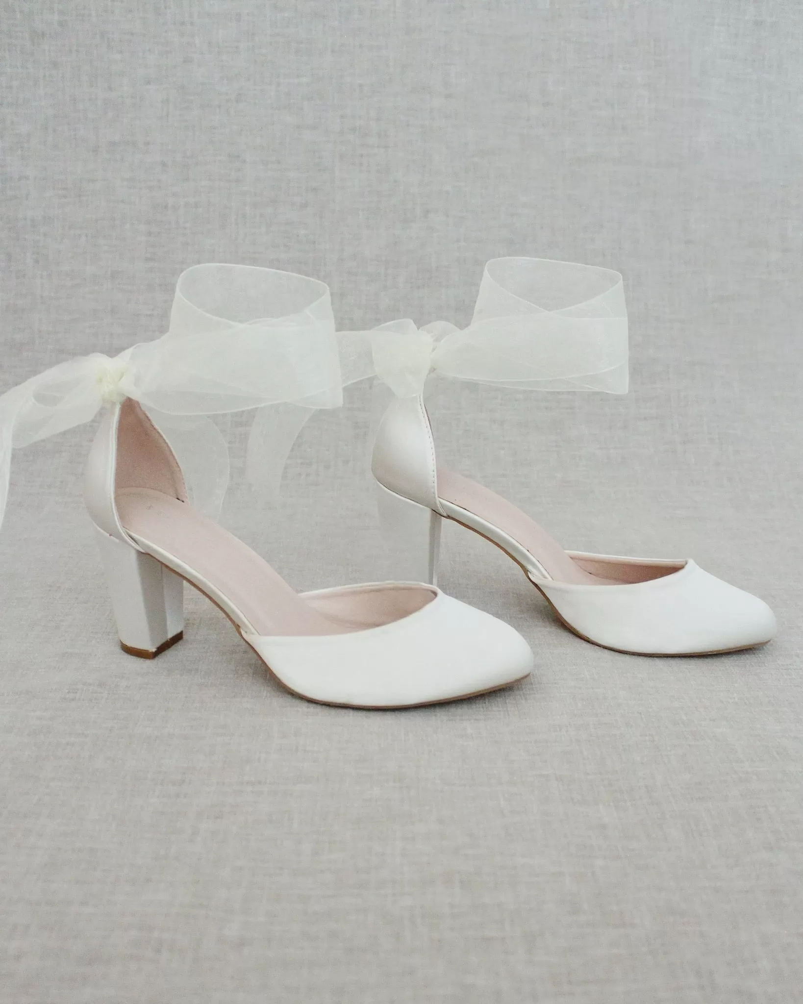 Ivory Satin Block Heel with Wrapped Ankle Tie