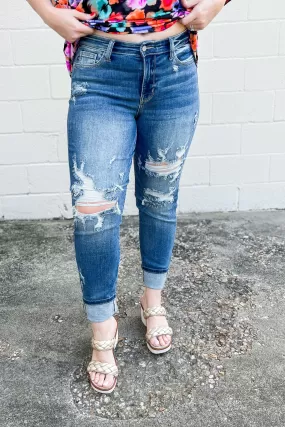 Judy Blue Mckenzie Mid Rise Distressed Cuffed Boyfriend Jeans