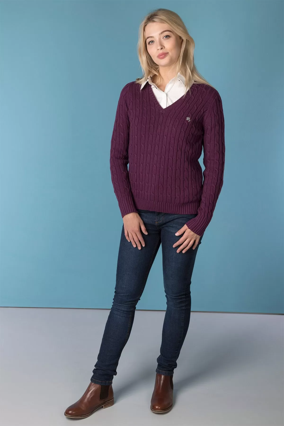 Ladies V Neck Cable Knit Jumper - Emma