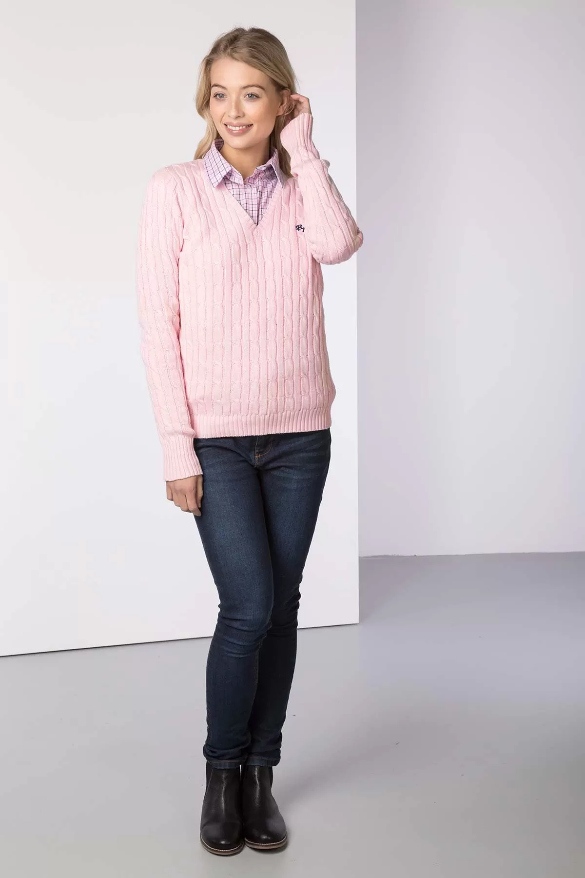 Ladies V Neck Cable Knit Jumper - Emma