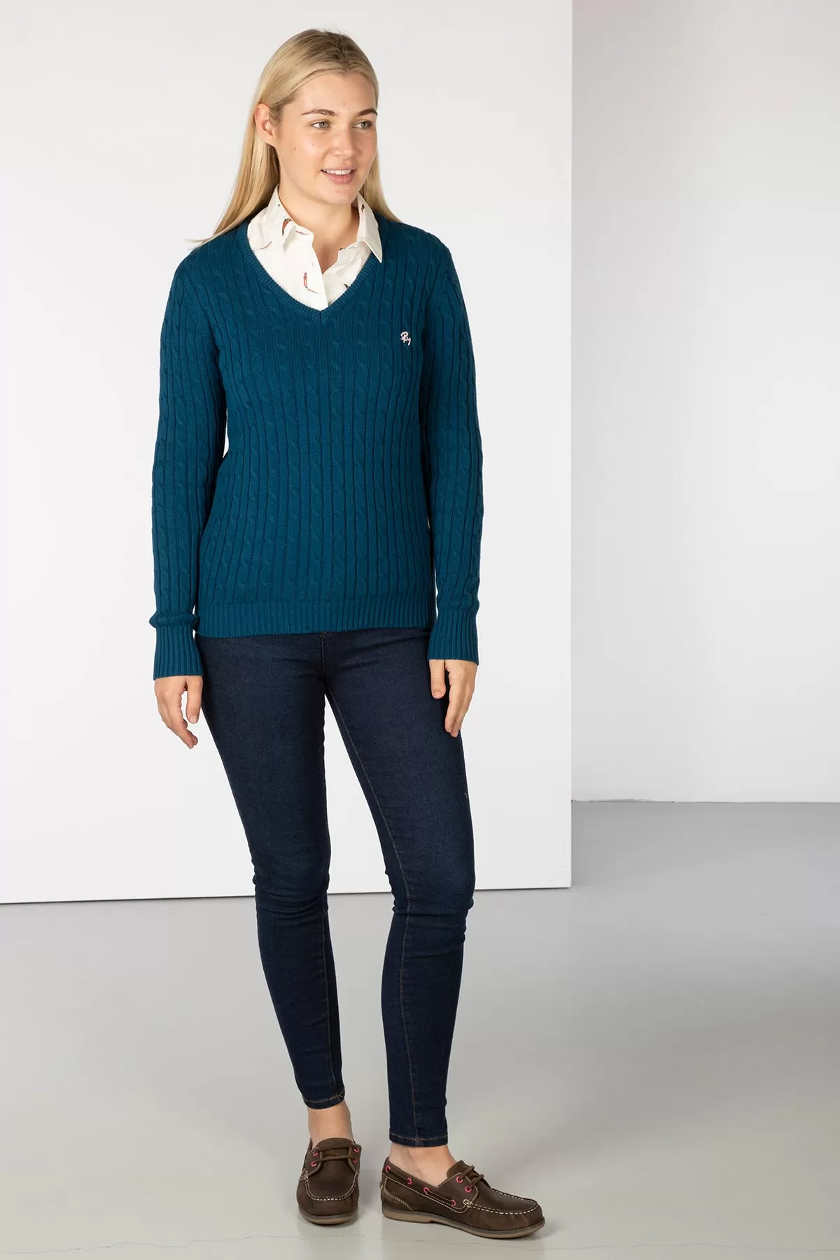 Ladies V Neck Cable Knit Jumper - Emma