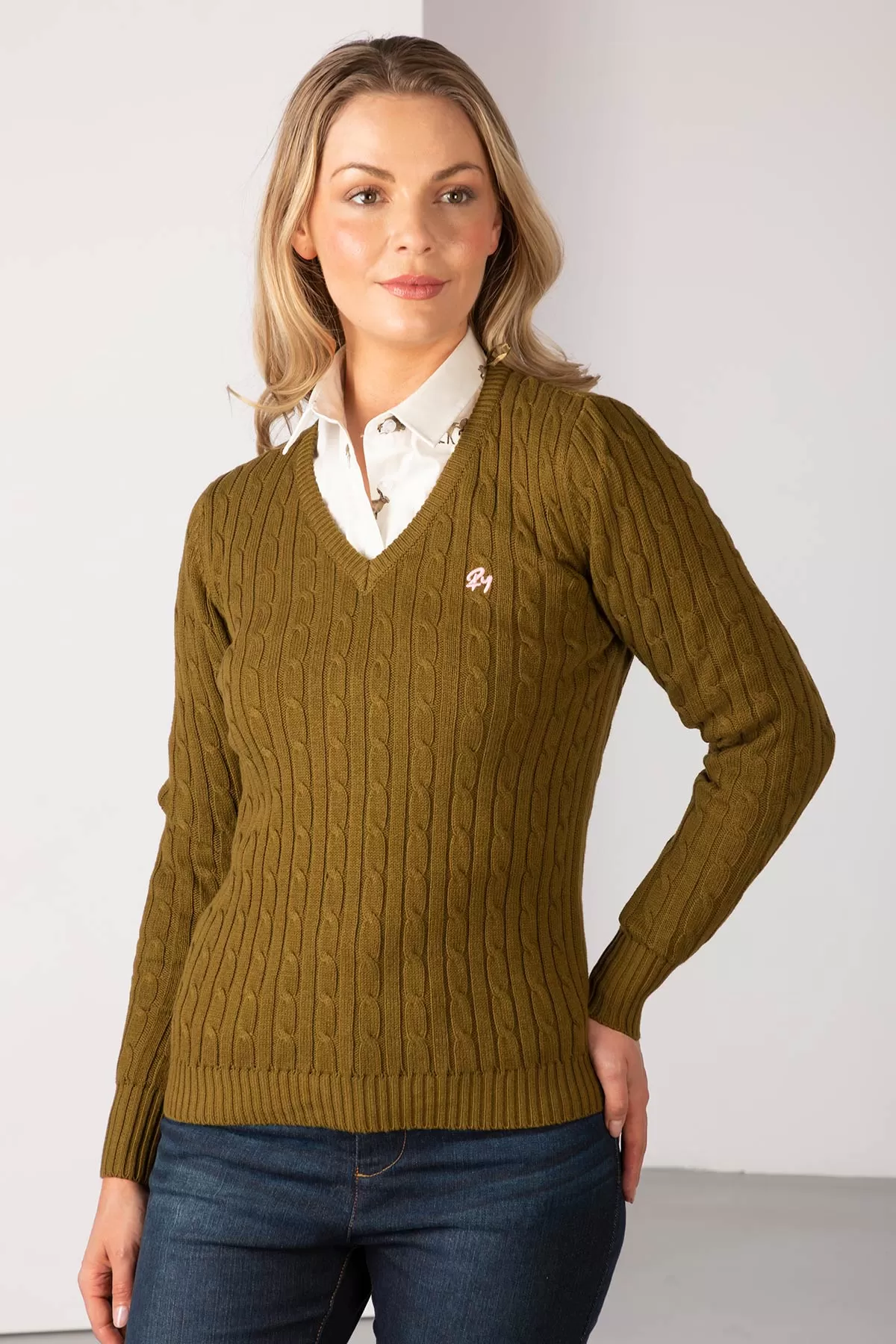 Ladies V Neck Cable Knit Jumper - Emma