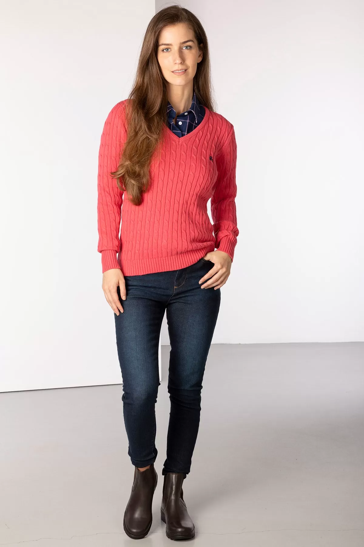 Ladies V Neck Cable Knit Jumper - Emma