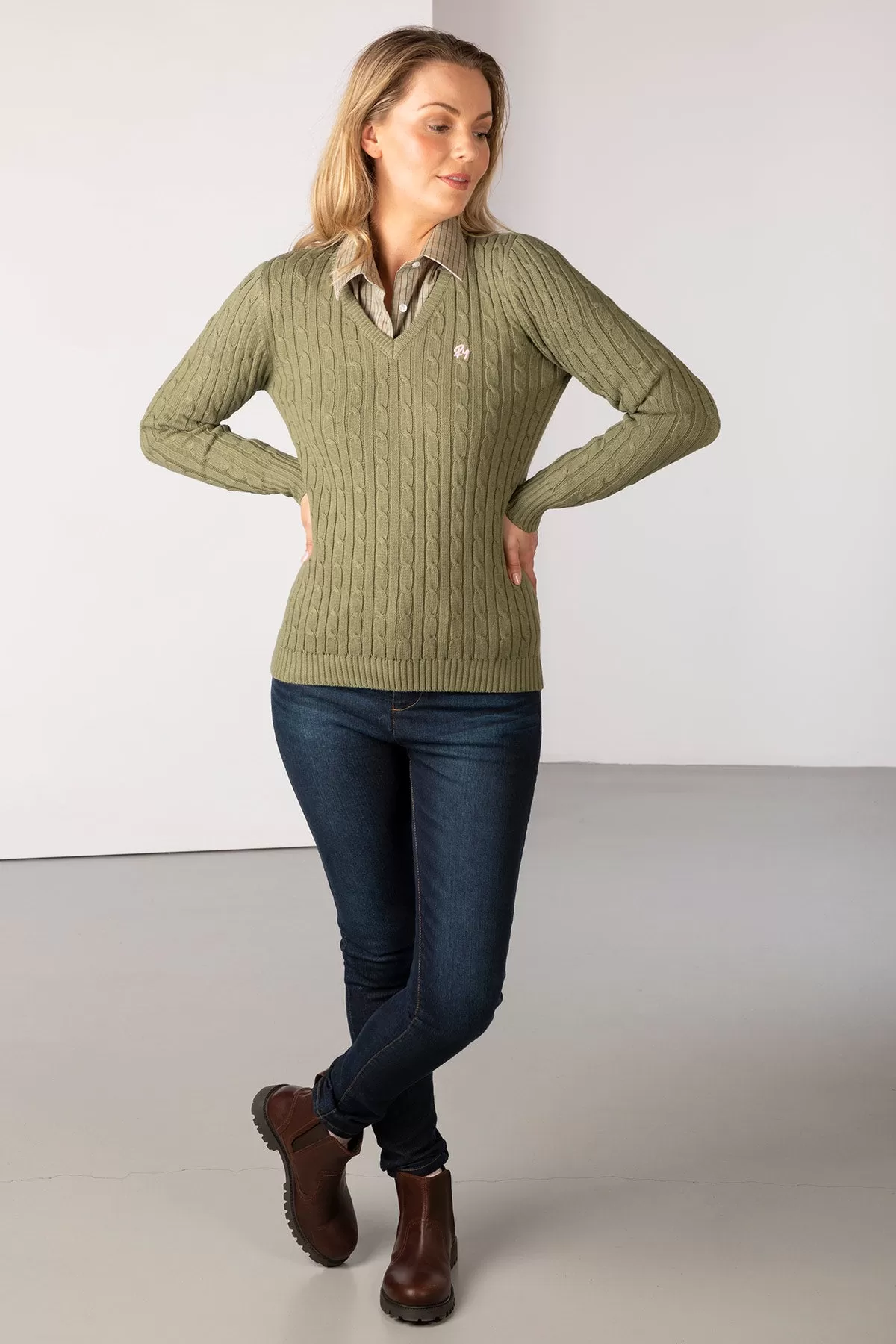 Ladies V Neck Cable Knit Jumper - Emma