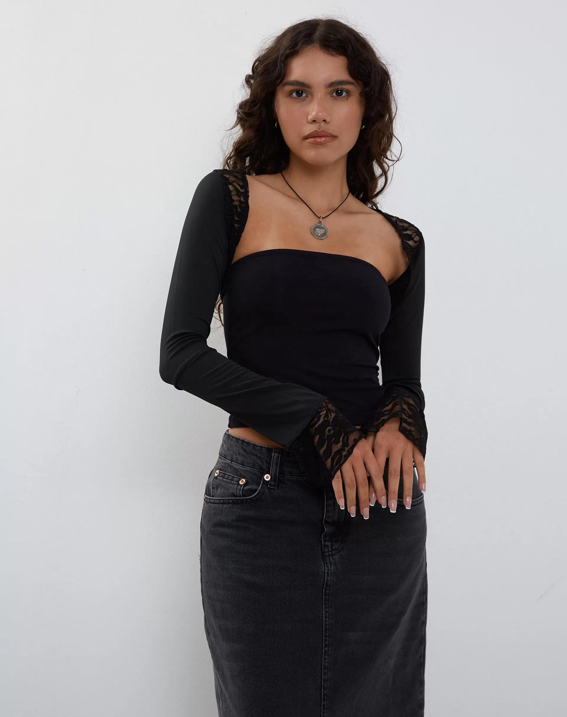 Lenny Lace Shrug Top in Slinky Black with Black Lace Trim