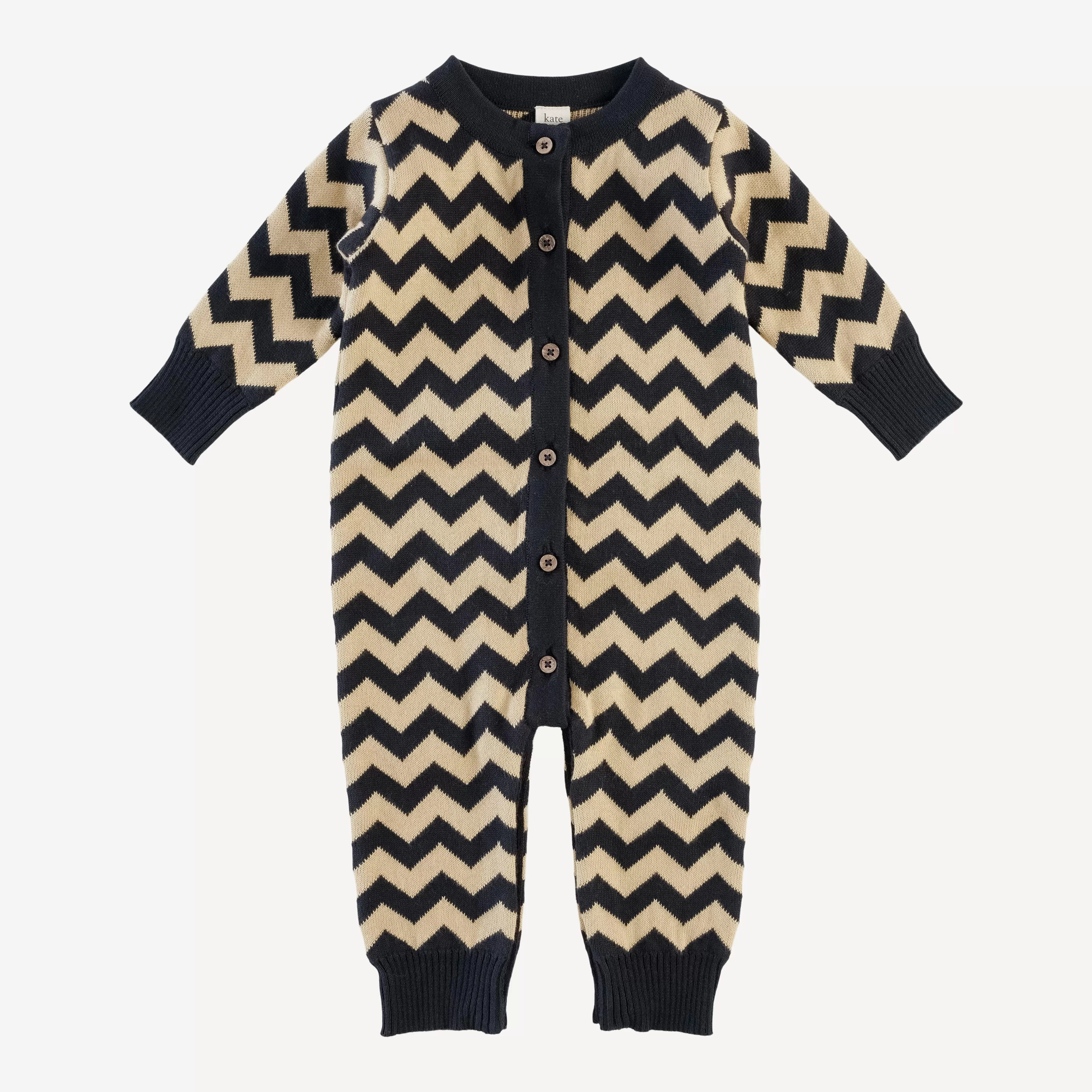 long sleeve button down sweater jumpsuit | black chevron stripe | organic cotton jacquard knit