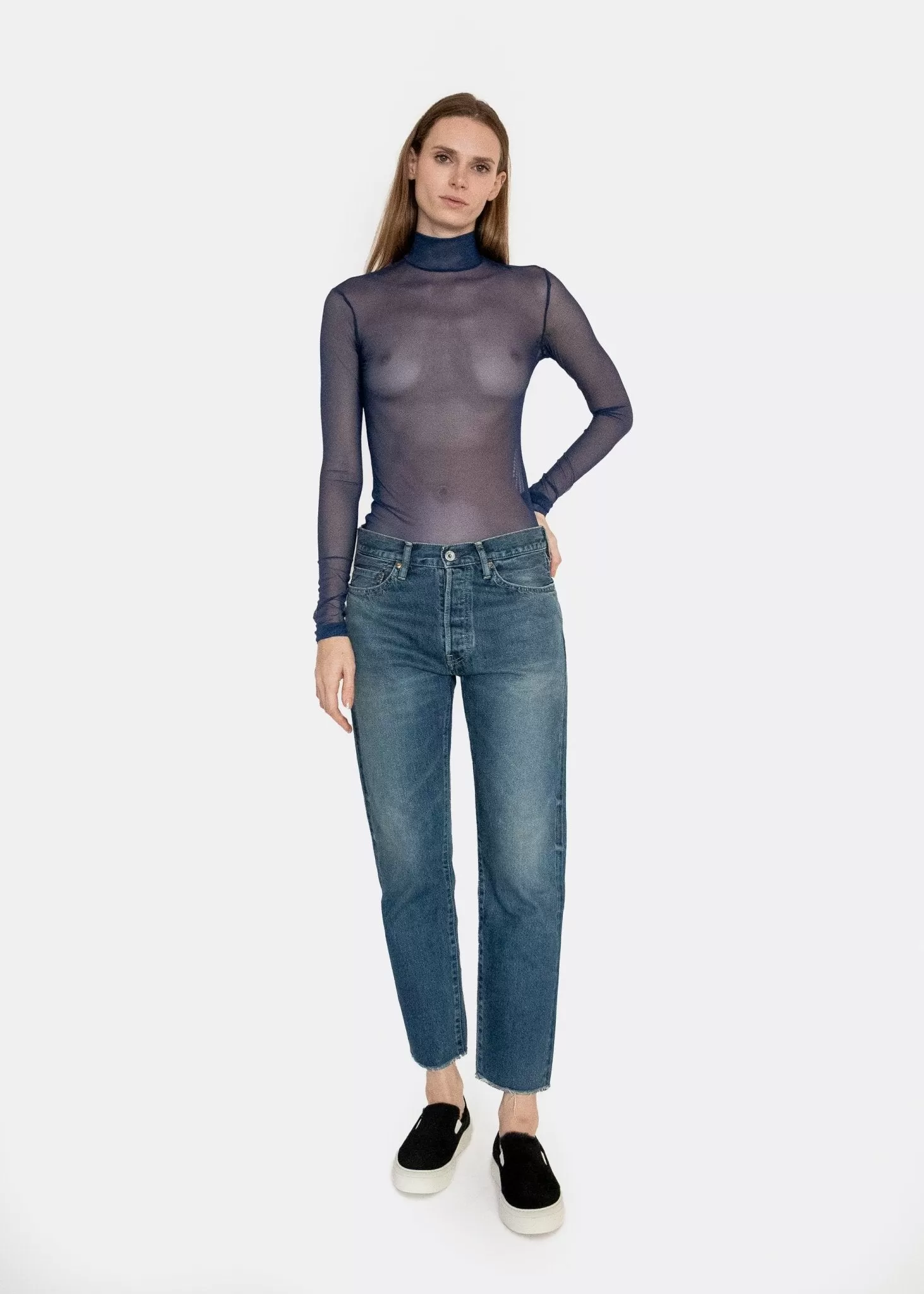 Long Sleeve Mesh Mock Neck in Marine