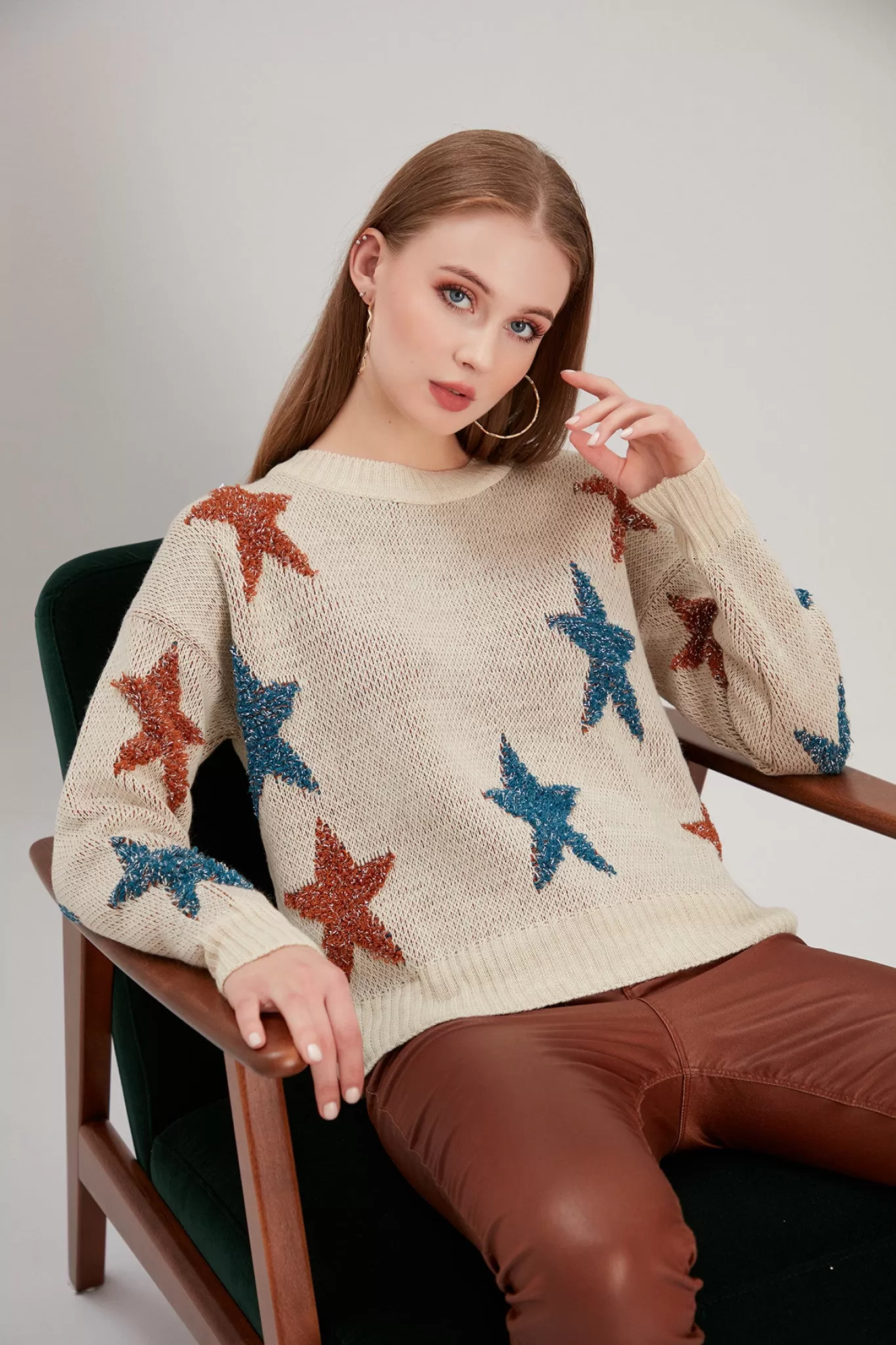 Love And Joy London Colourful Star Jumper In Stone Beige