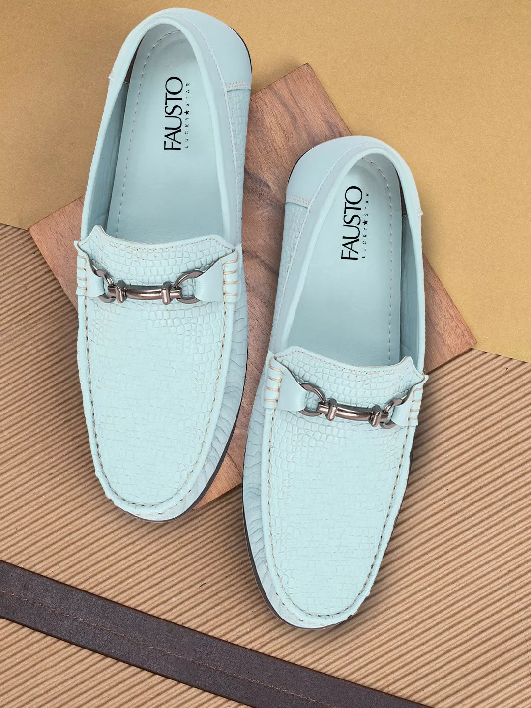 Men Sky Blue Horsebit Buckle Embossed Casual/Dress Loafer Shoes