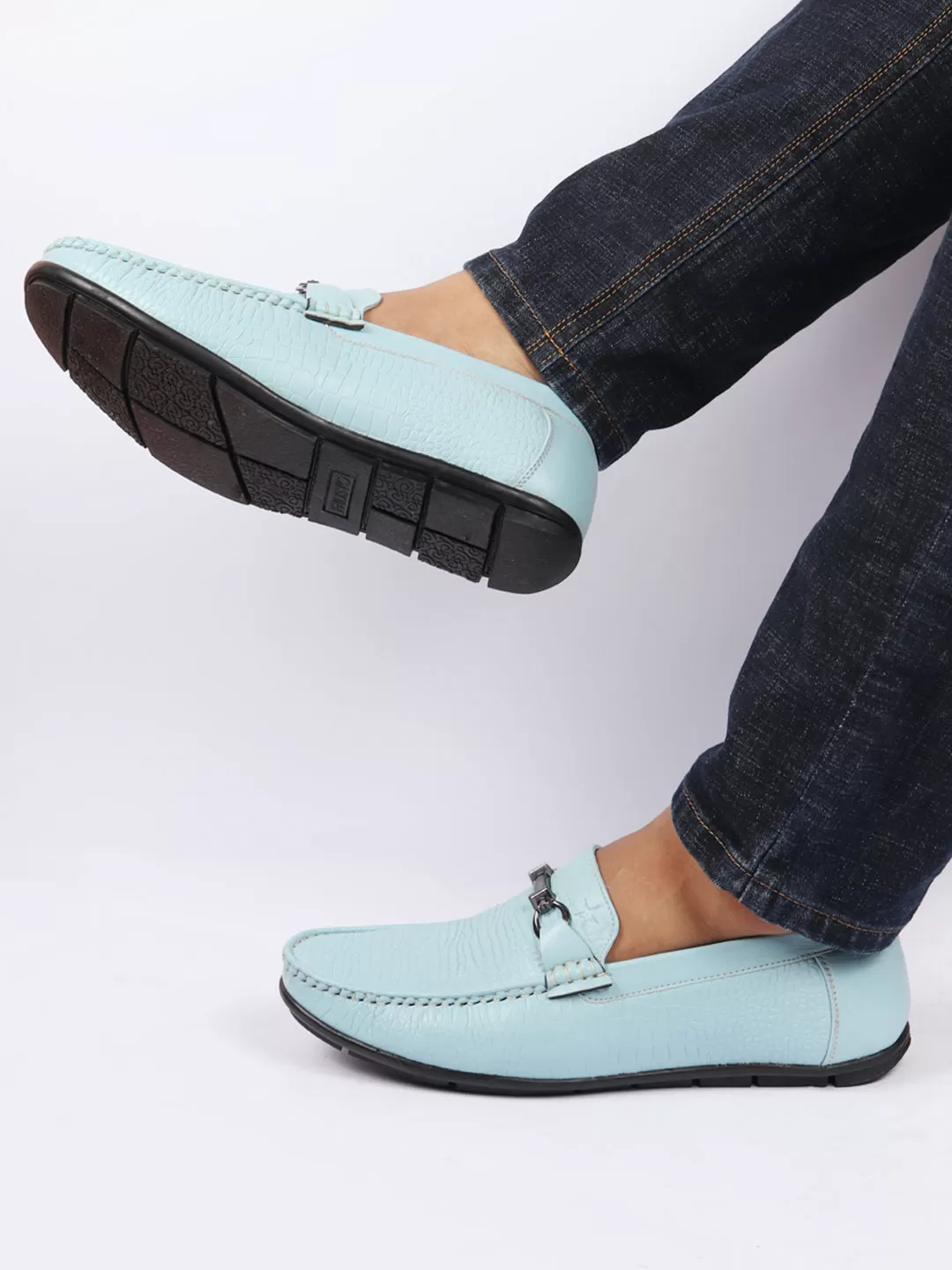 Men Sky Blue Horsebit Buckle Embossed Casual/Dress Loafer Shoes