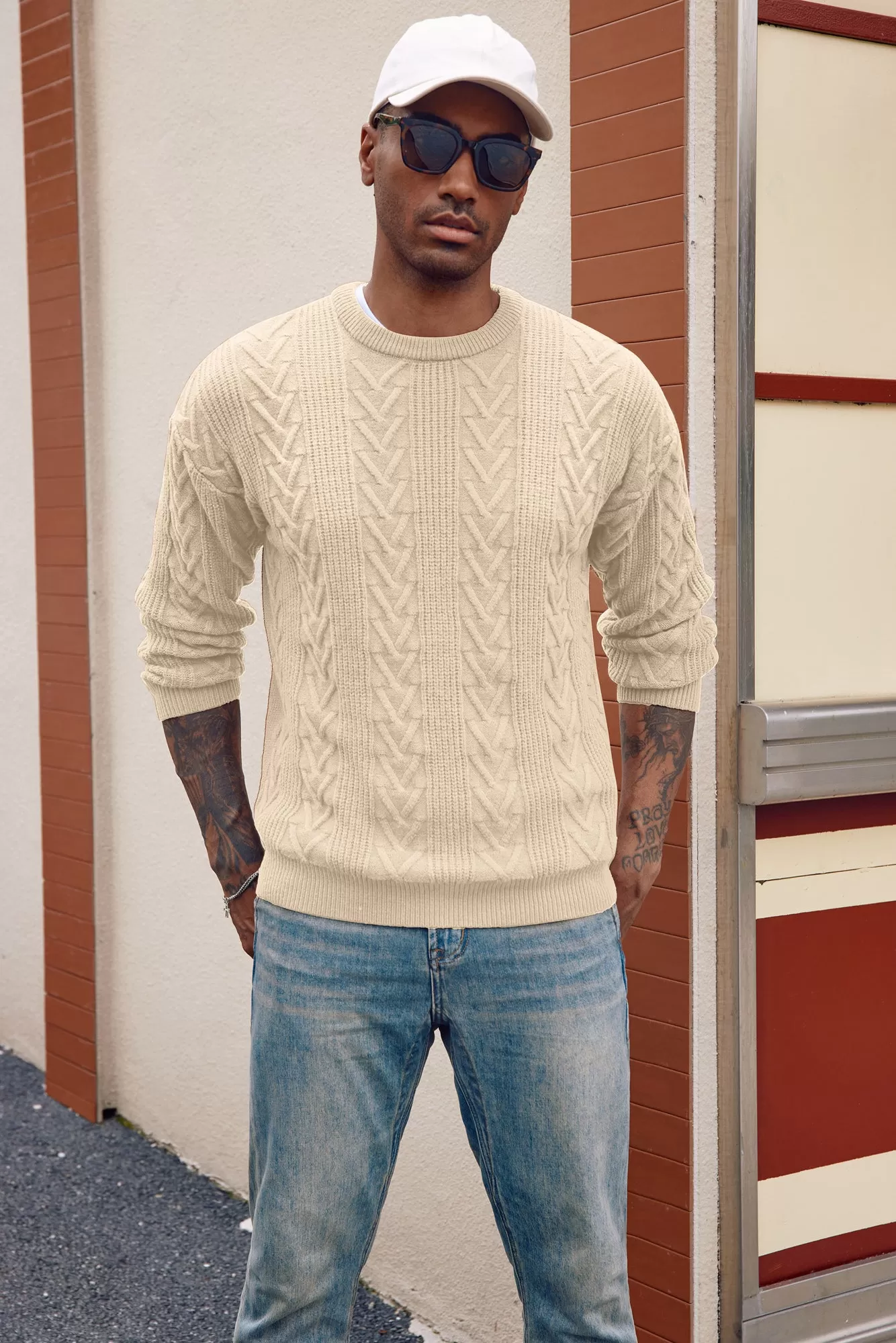 Mens Crewneck Sweater Casual Cable Knit Pullover Sweater Drop Shoulder Solid Knitted Sweaters