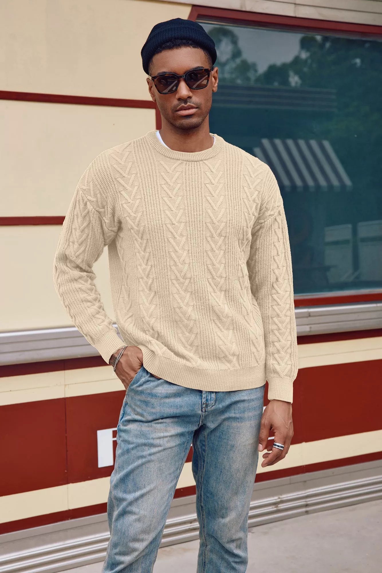 Mens Crewneck Sweater Casual Cable Knit Pullover Sweater Drop Shoulder Solid Knitted Sweaters