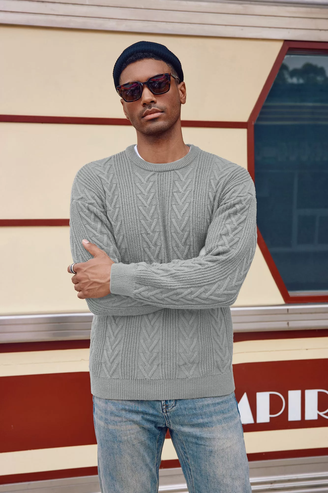 Mens Crewneck Sweater Casual Cable Knit Pullover Sweater Drop Shoulder Solid Knitted Sweaters