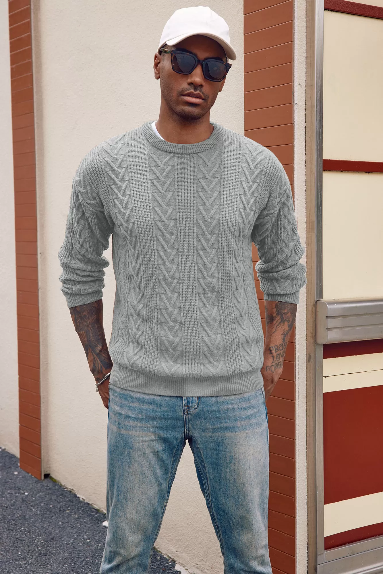 Mens Crewneck Sweater Casual Cable Knit Pullover Sweater Drop Shoulder Solid Knitted Sweaters