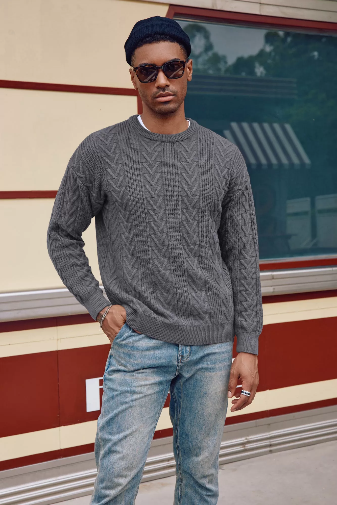 Mens Crewneck Sweater Casual Cable Knit Pullover Sweater Drop Shoulder Solid Knitted Sweaters