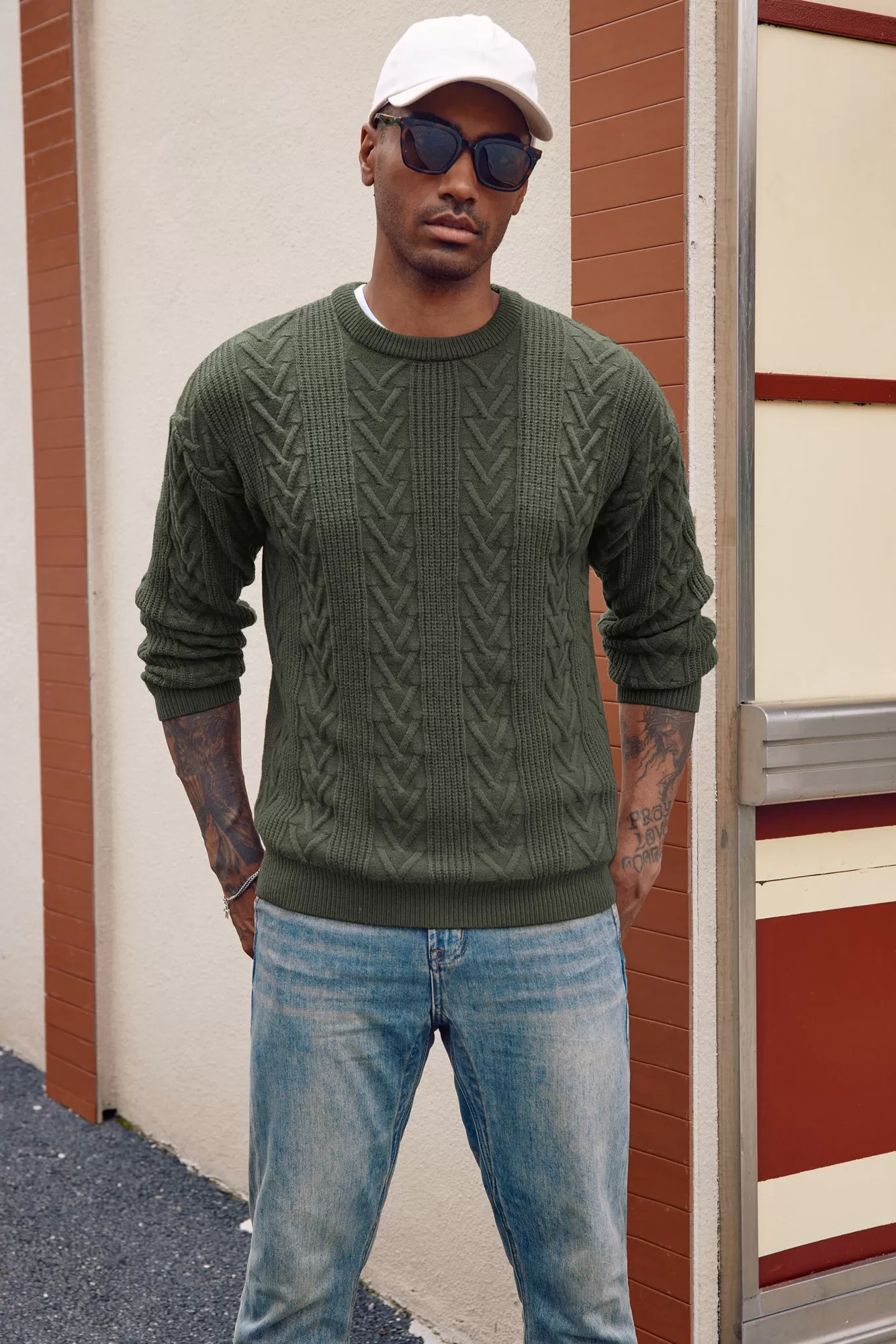 Mens Crewneck Sweater Casual Cable Knit Pullover Sweater Drop Shoulder Solid Knitted Sweaters