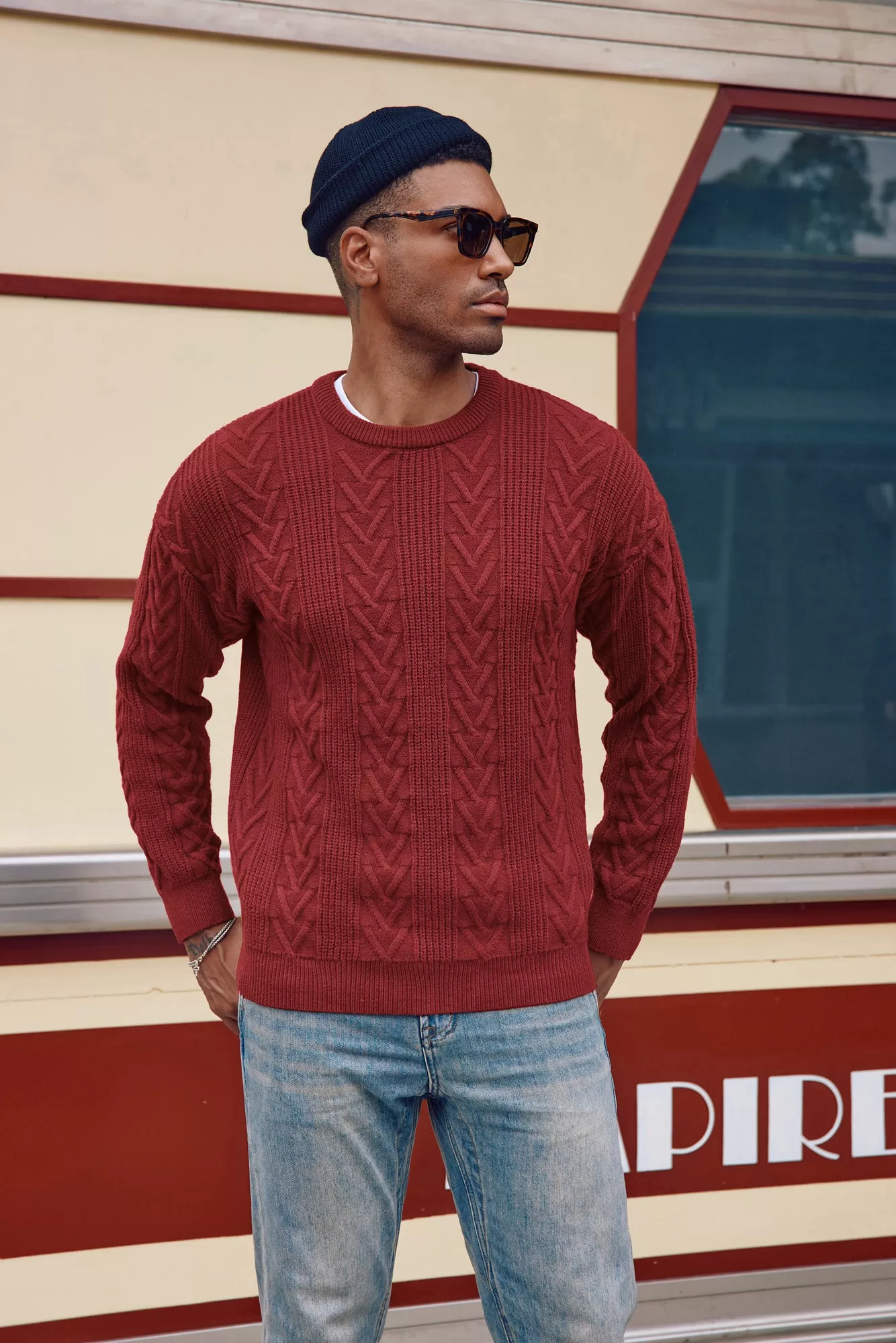 Mens Crewneck Sweater Casual Cable Knit Pullover Sweater Drop Shoulder Solid Knitted Sweaters