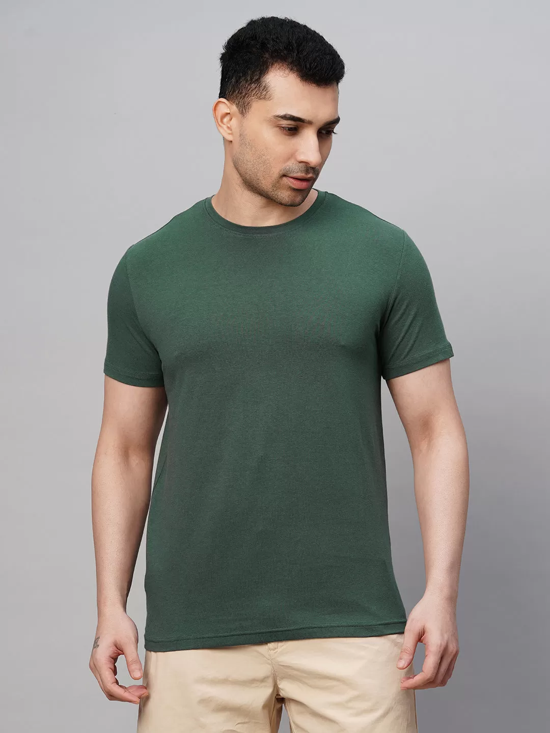 Men's Green Cotton Bamboo Elastane Regular Fit Tshirt