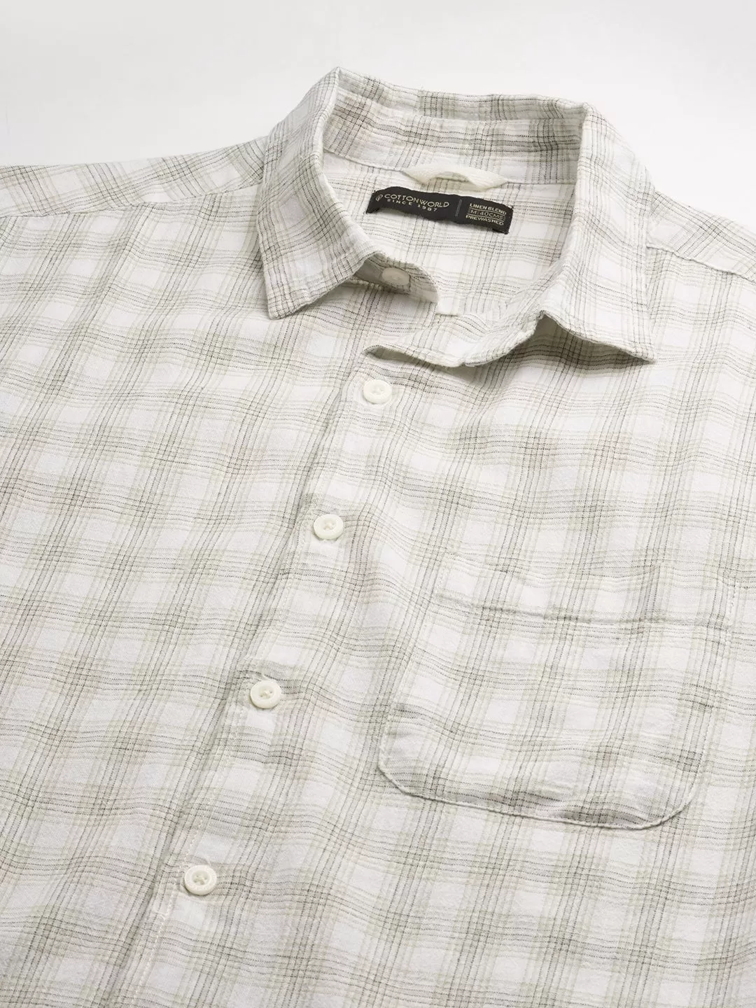 Men's Khaki Linen Cotton Regular Fit Checked Shirt