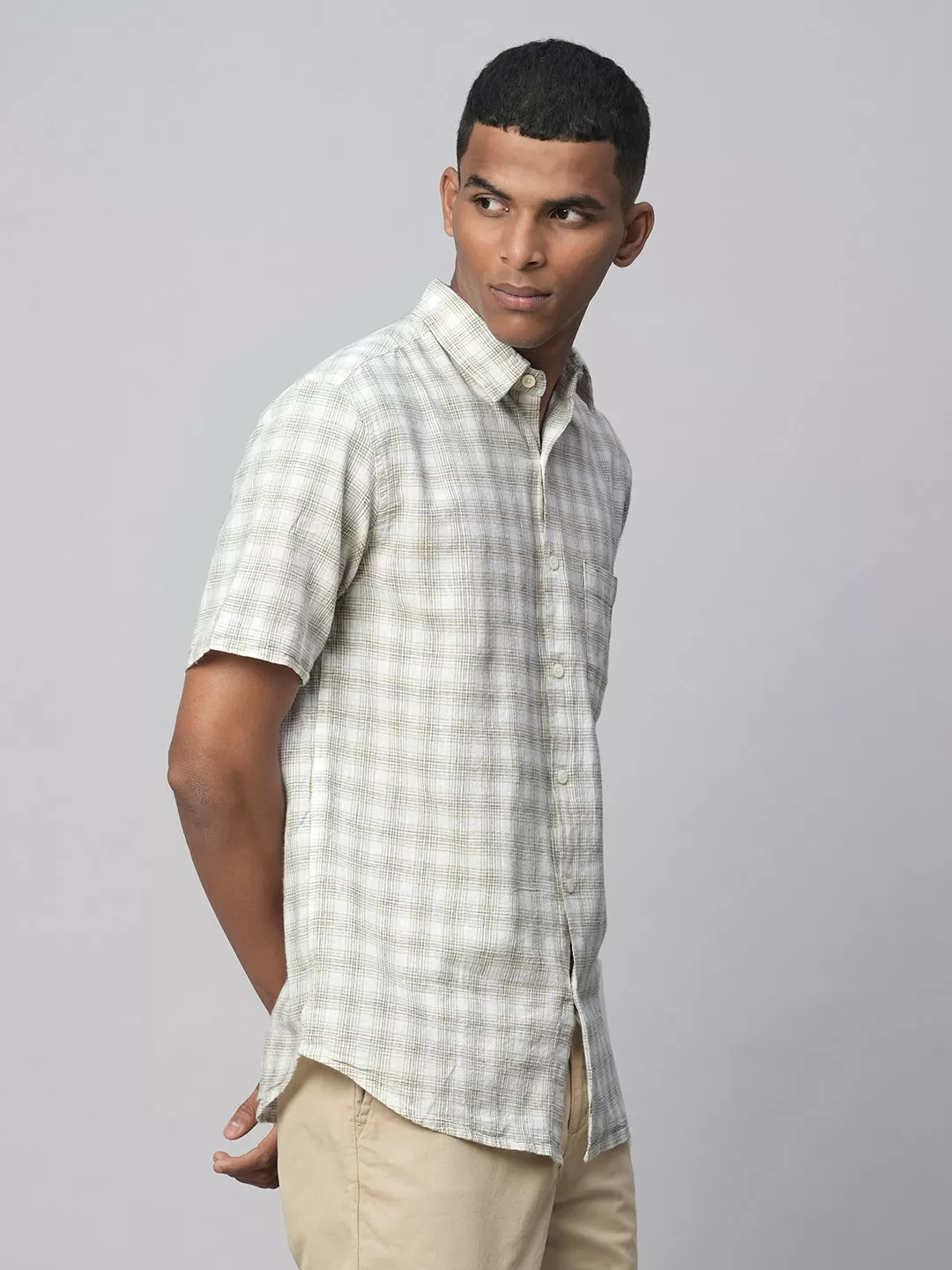 Men's Khaki Linen Cotton Regular Fit Checked Shirt