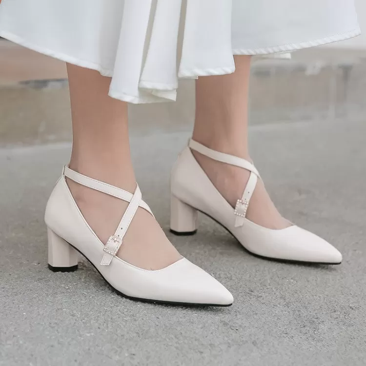 Pointed Toe Cross Straps Chunky High Heels Women Shoes 9936