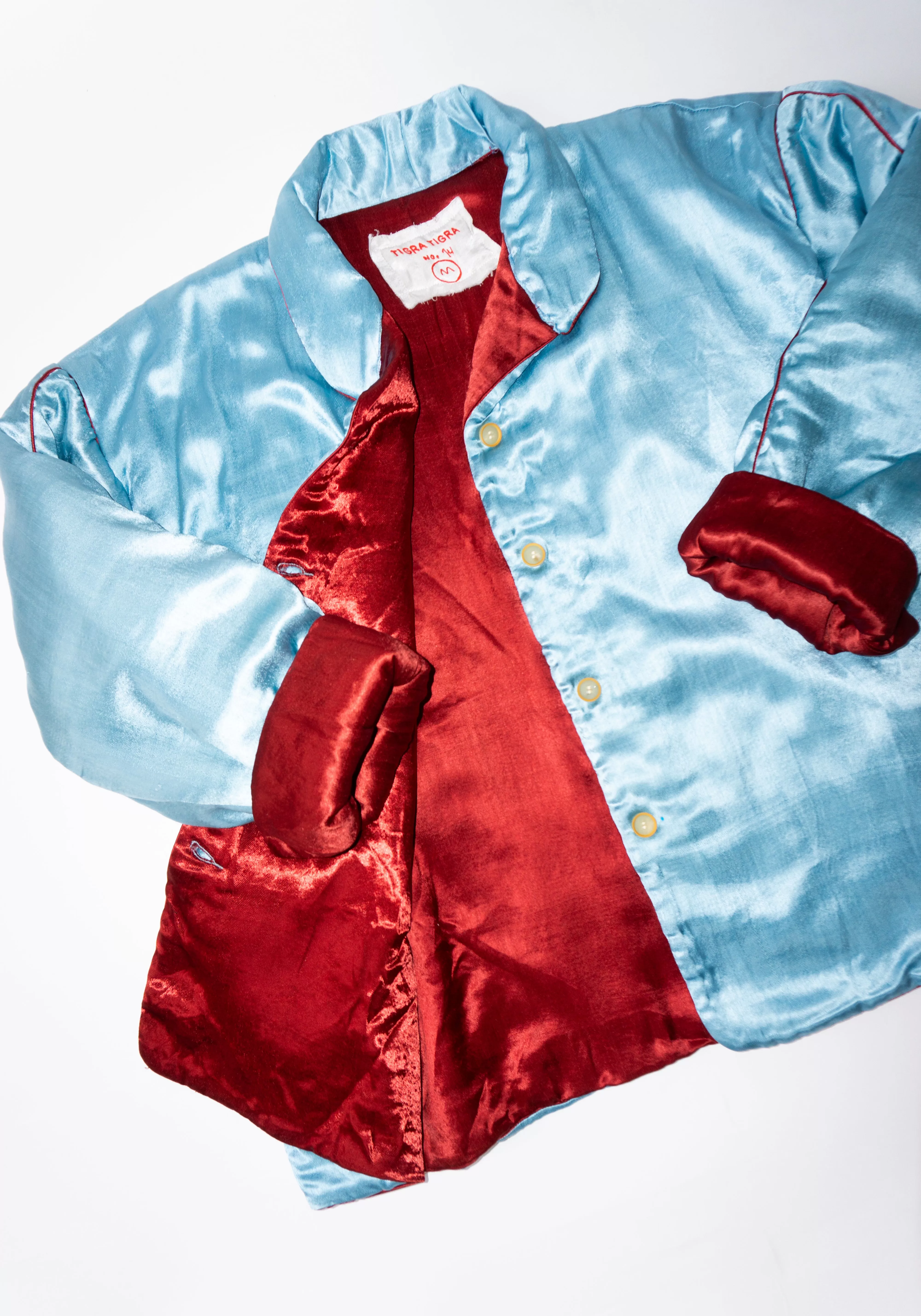 Puffy Silk Mid Coat in Pale Blue Maroon