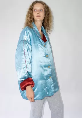 Puffy Silk Mid Coat in Pale Blue Maroon