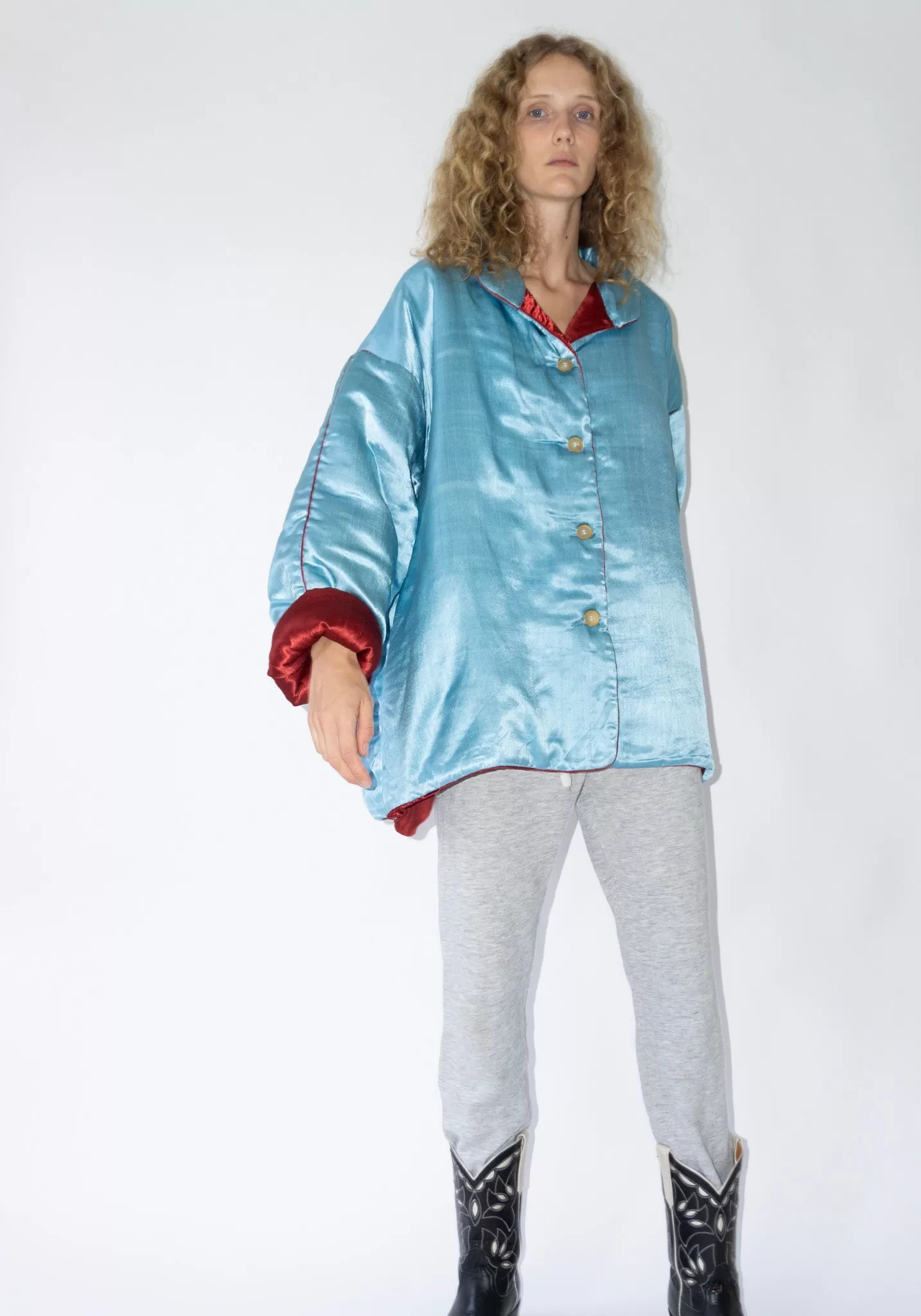 Puffy Silk Mid Coat in Pale Blue Maroon