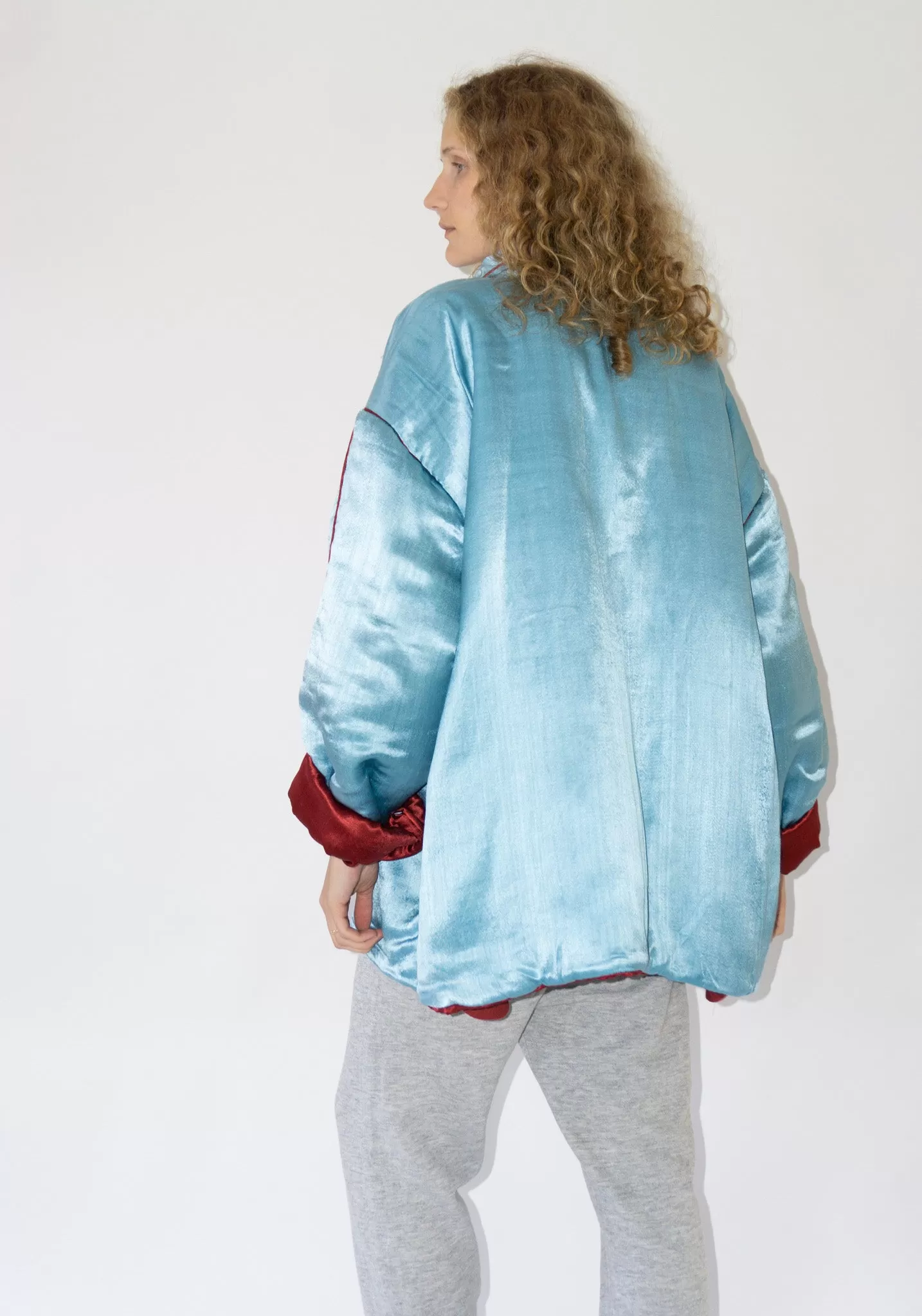 Puffy Silk Mid Coat in Pale Blue Maroon