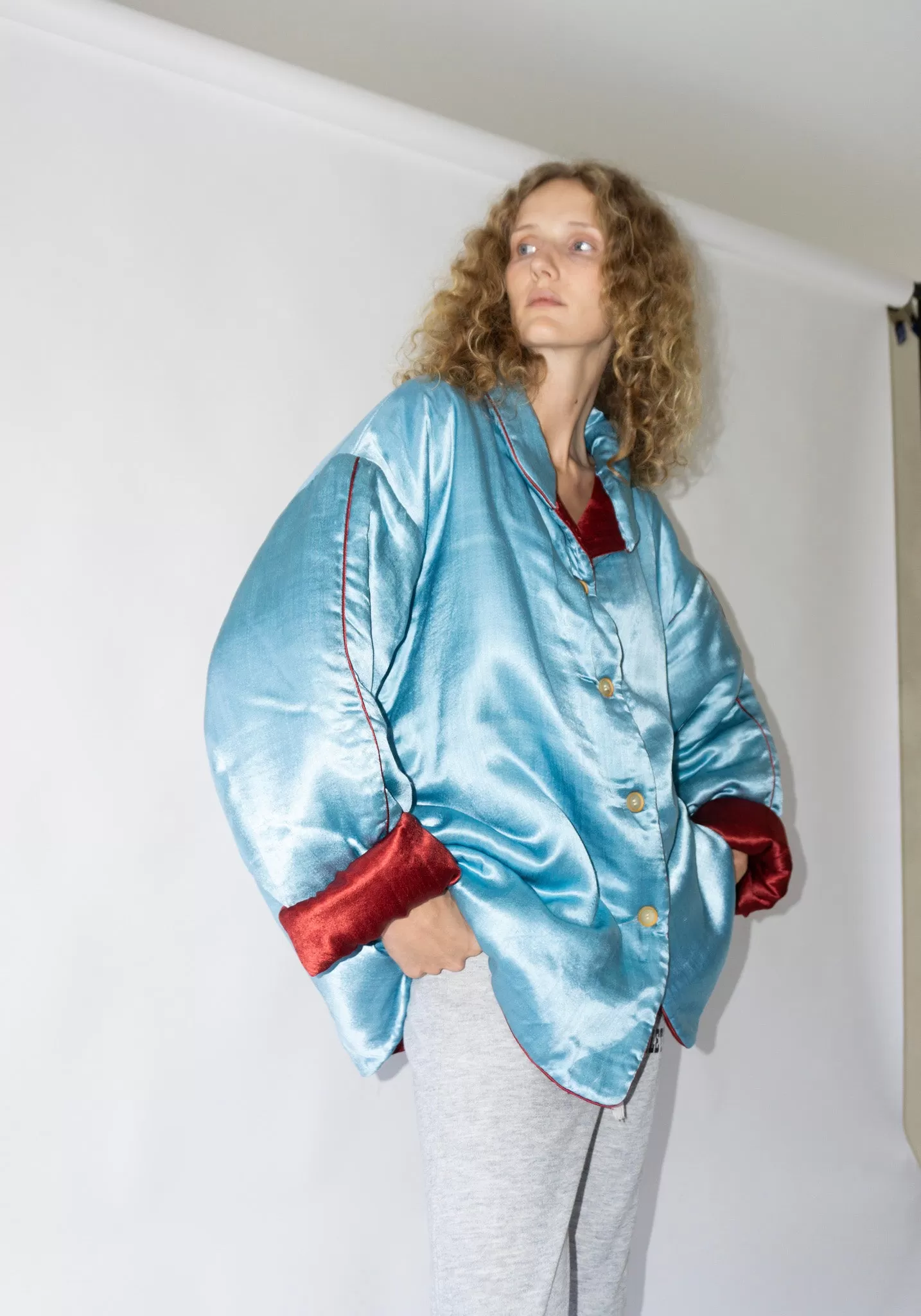 Puffy Silk Mid Coat in Pale Blue Maroon